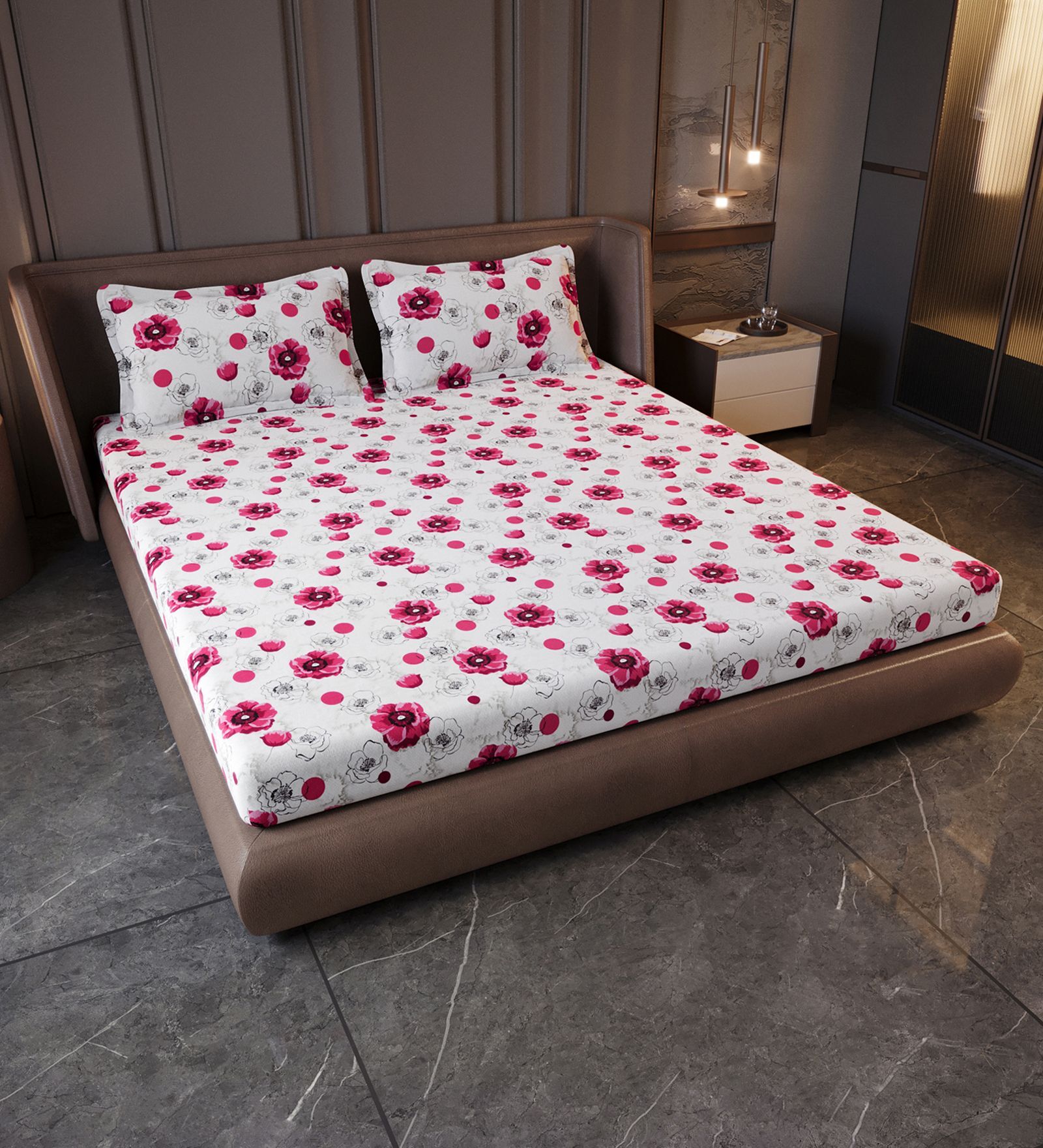 Pink Blossom Floral 144 Tc Cotton King Bedsheet With 2 Pillowcovers