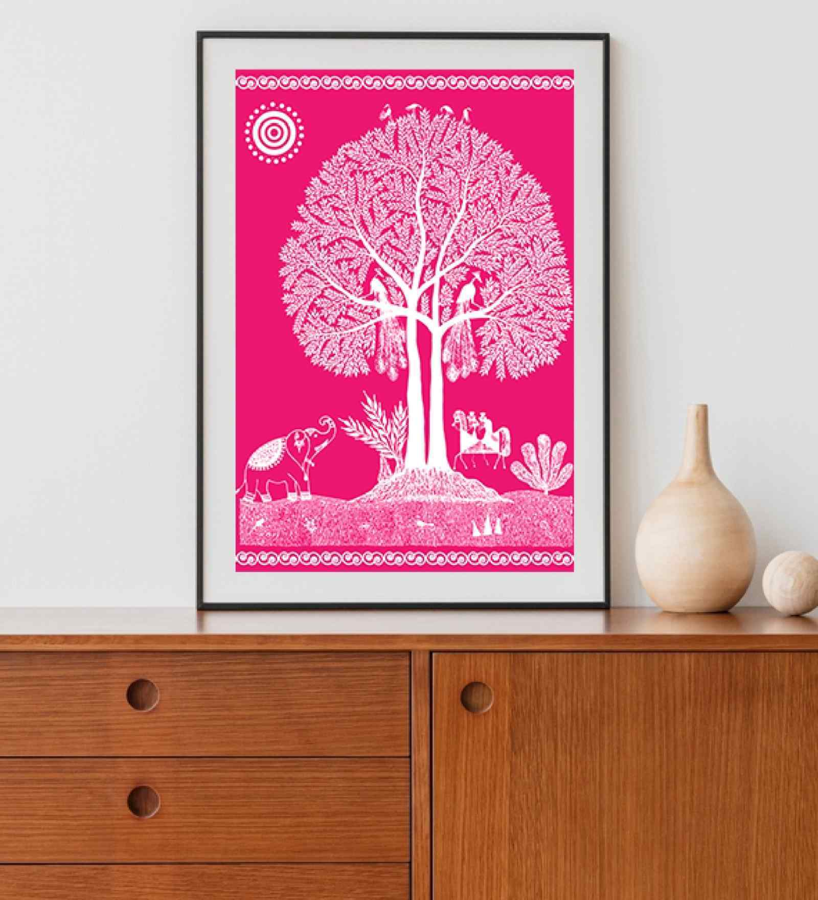 Pink Canvas Printed Warli Framed Art