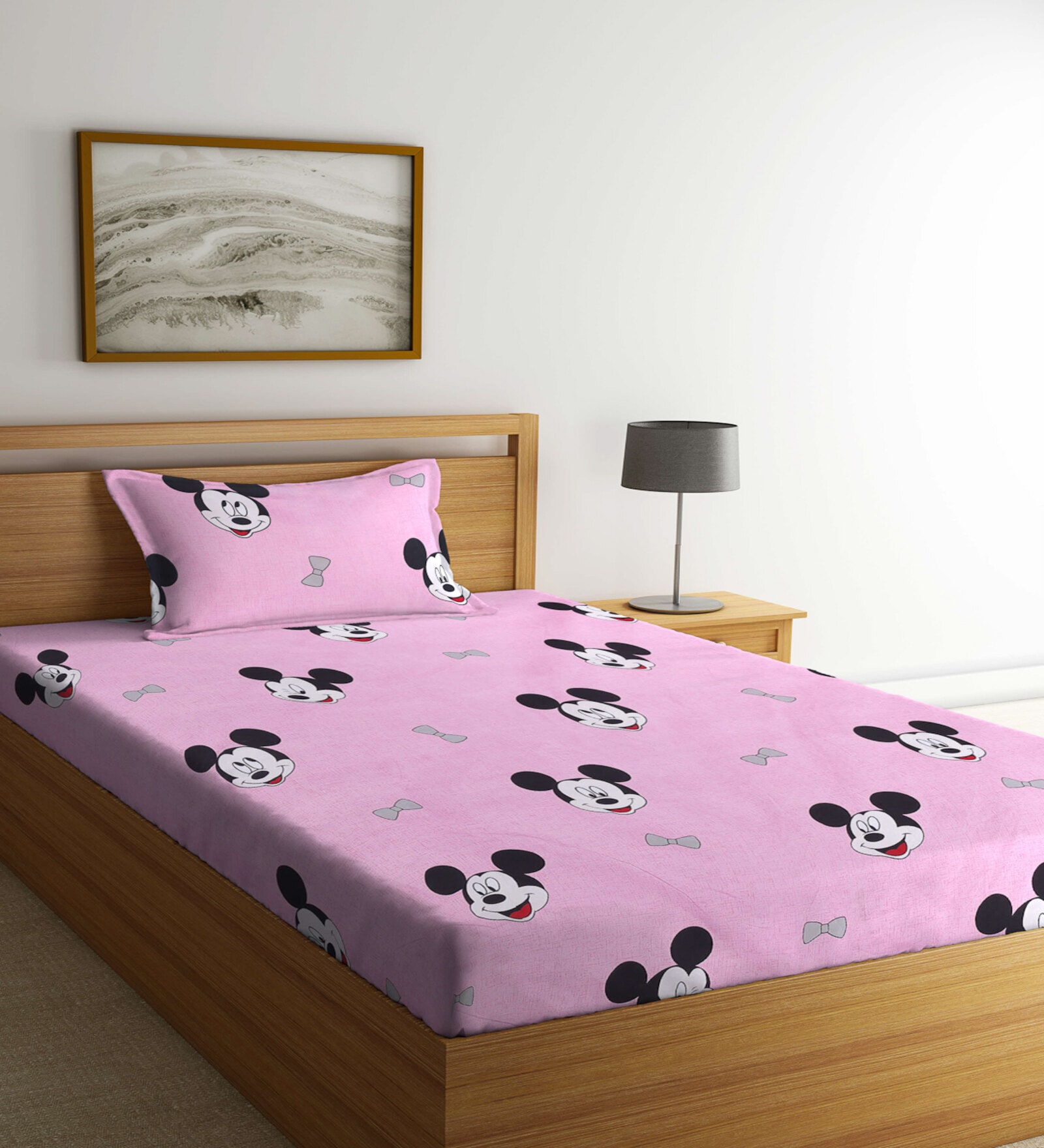 Pink Cartoon Printed 300 TC Cotton Blend Single Bedsheet with 1 Pillow Cover