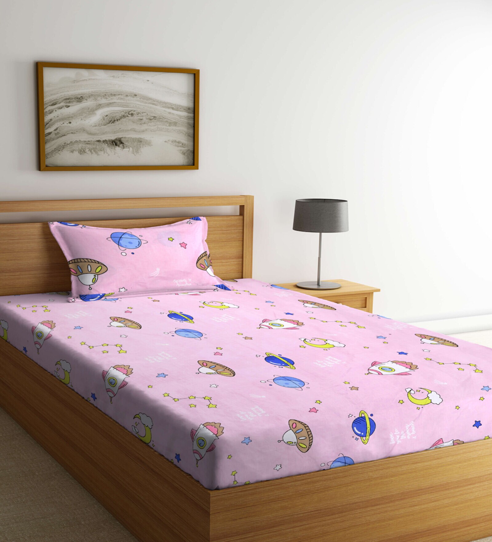 Pink Cartoon Printed 300 TC Cotton Blend Single Bedsheet with 1 Pillow Cover