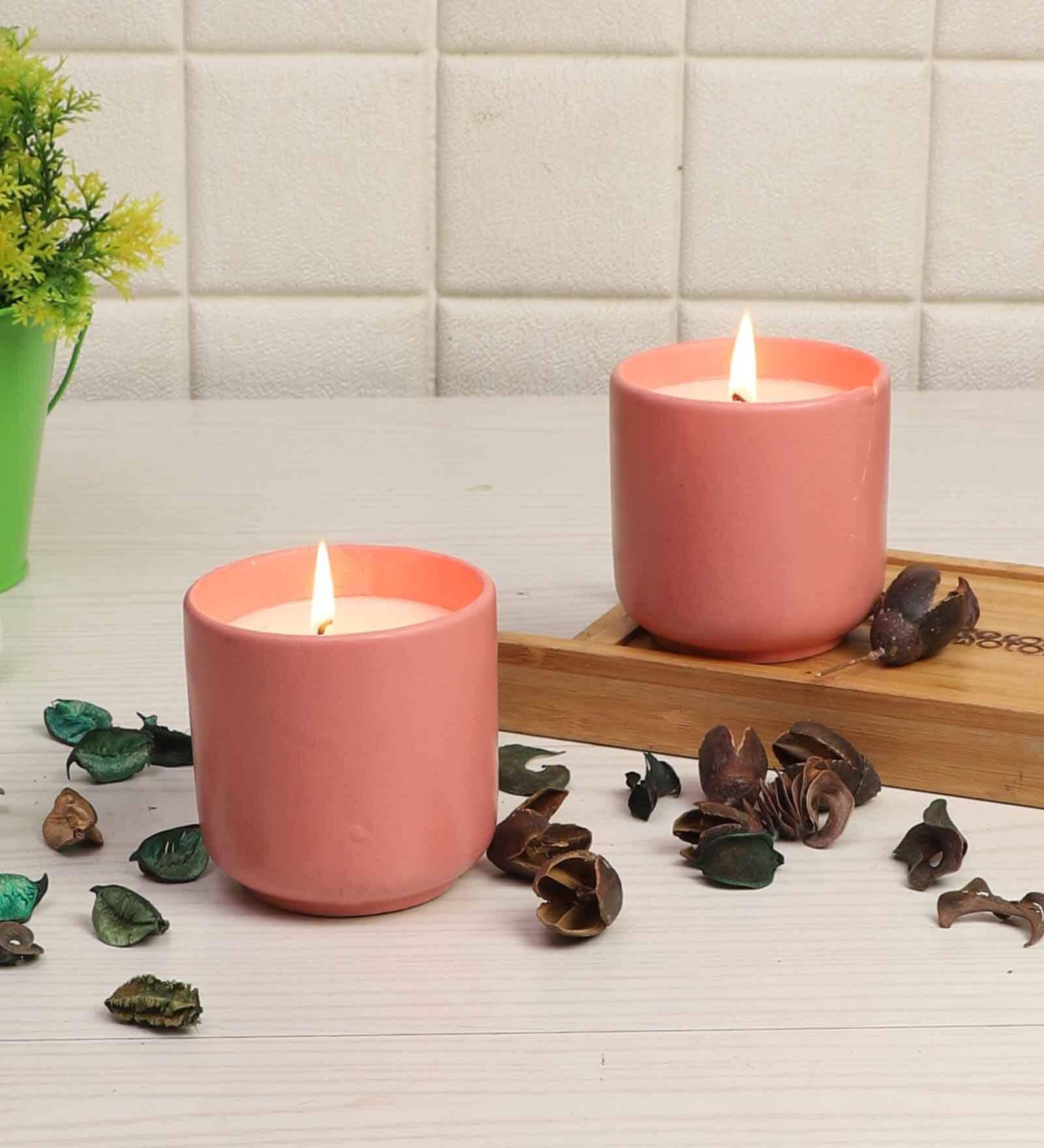 Pink Ceramic Glass Wax Candle Set of 2