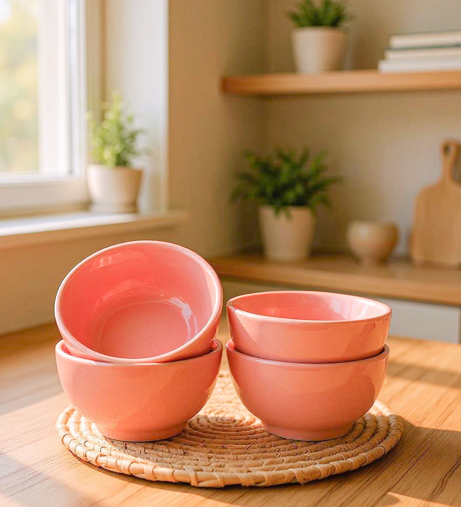 Pink Ceramic Handcrafted Dal Katori/Bowls for Vegetable, Cereals,Small Serving Bowl for Home Kitchen Dining Table (Set of 4)