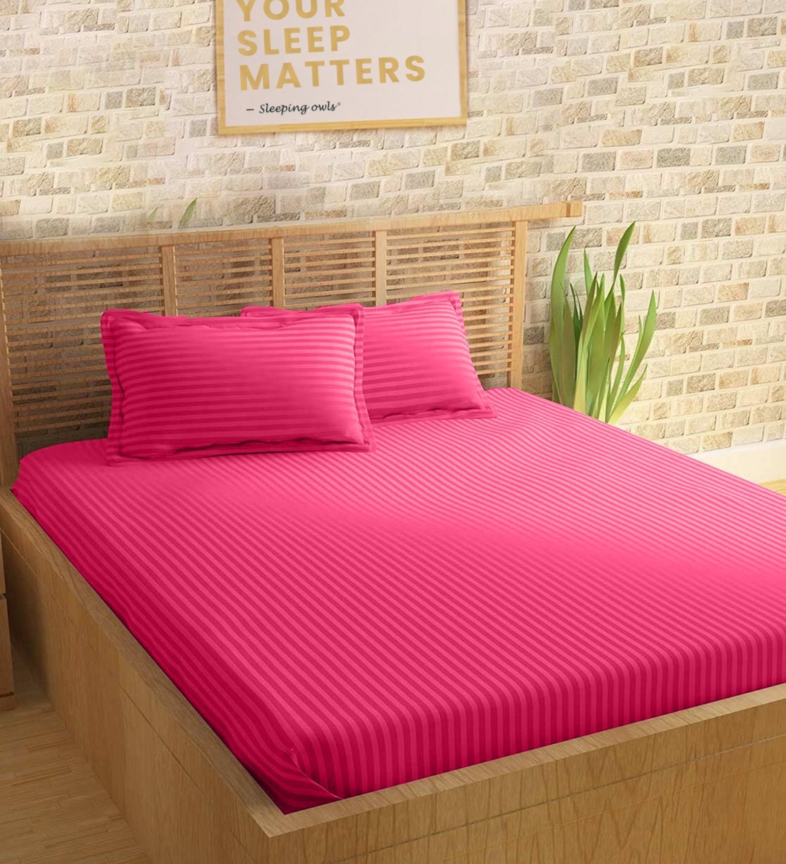 Pink 210TC Cotton stripe 1 Super King Bedsheet with 2 Pillow Covers