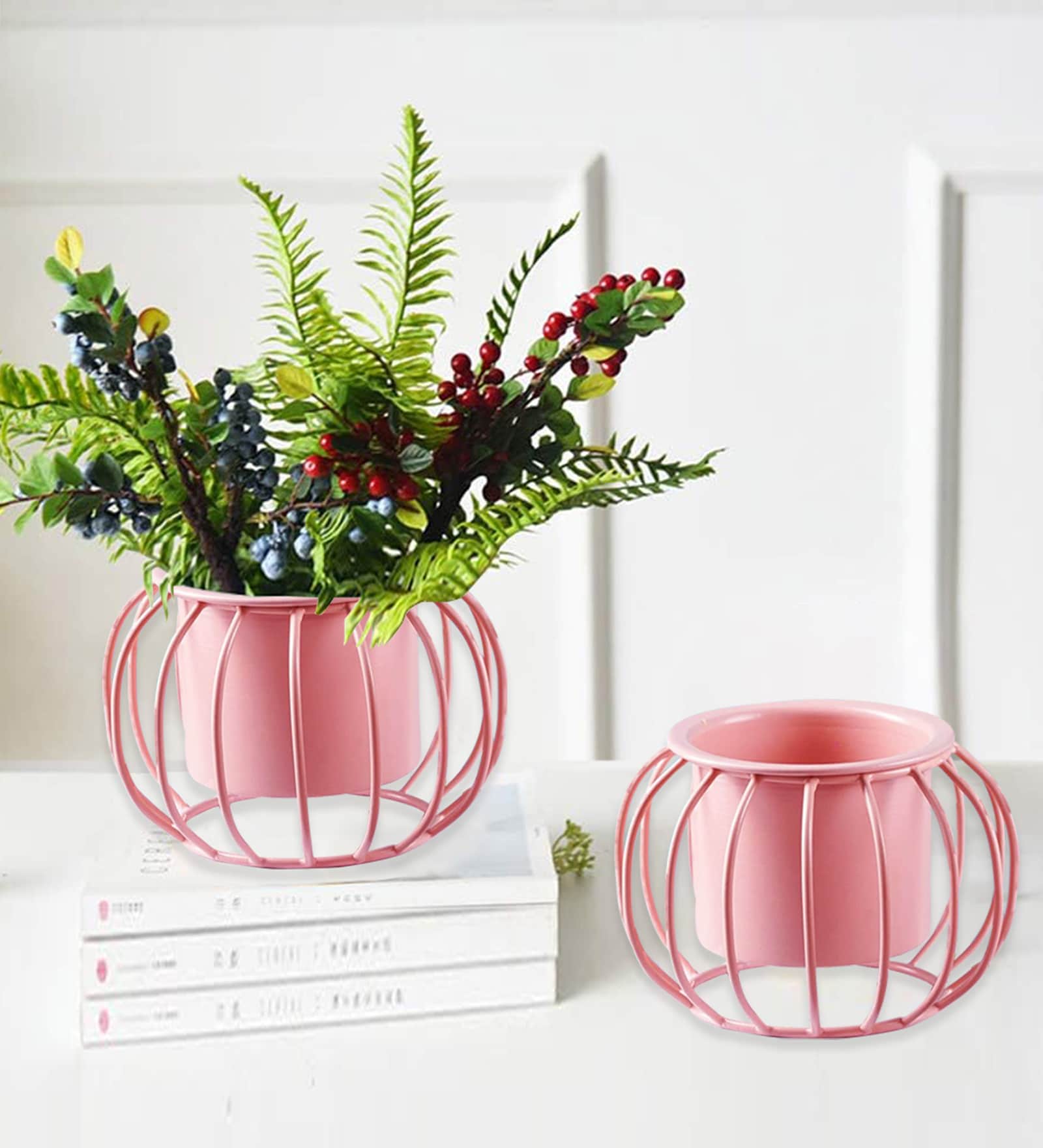 Set Of 2 Pink Metal Plant Stand