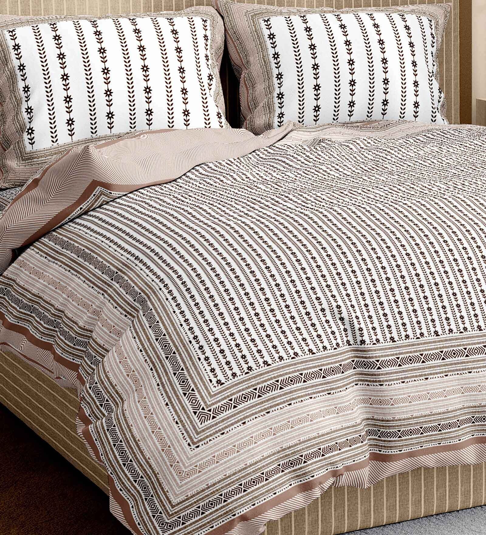 Brown Traditional 350 Tc Cotton King Sized Bed Sheets With 2 Pillow Covers