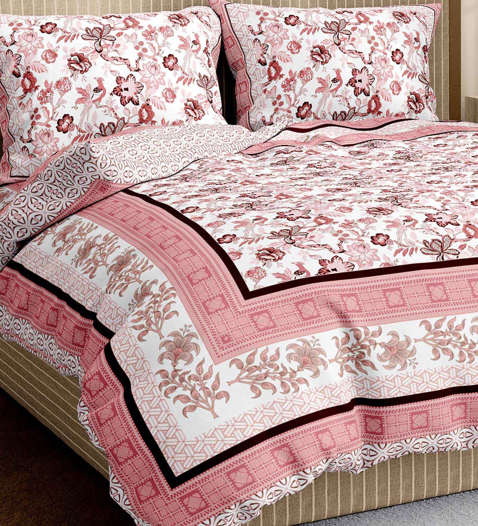 Pink Traditional 350 TC Cotton King Sized Bed Sheets with 2 Pillow Covers