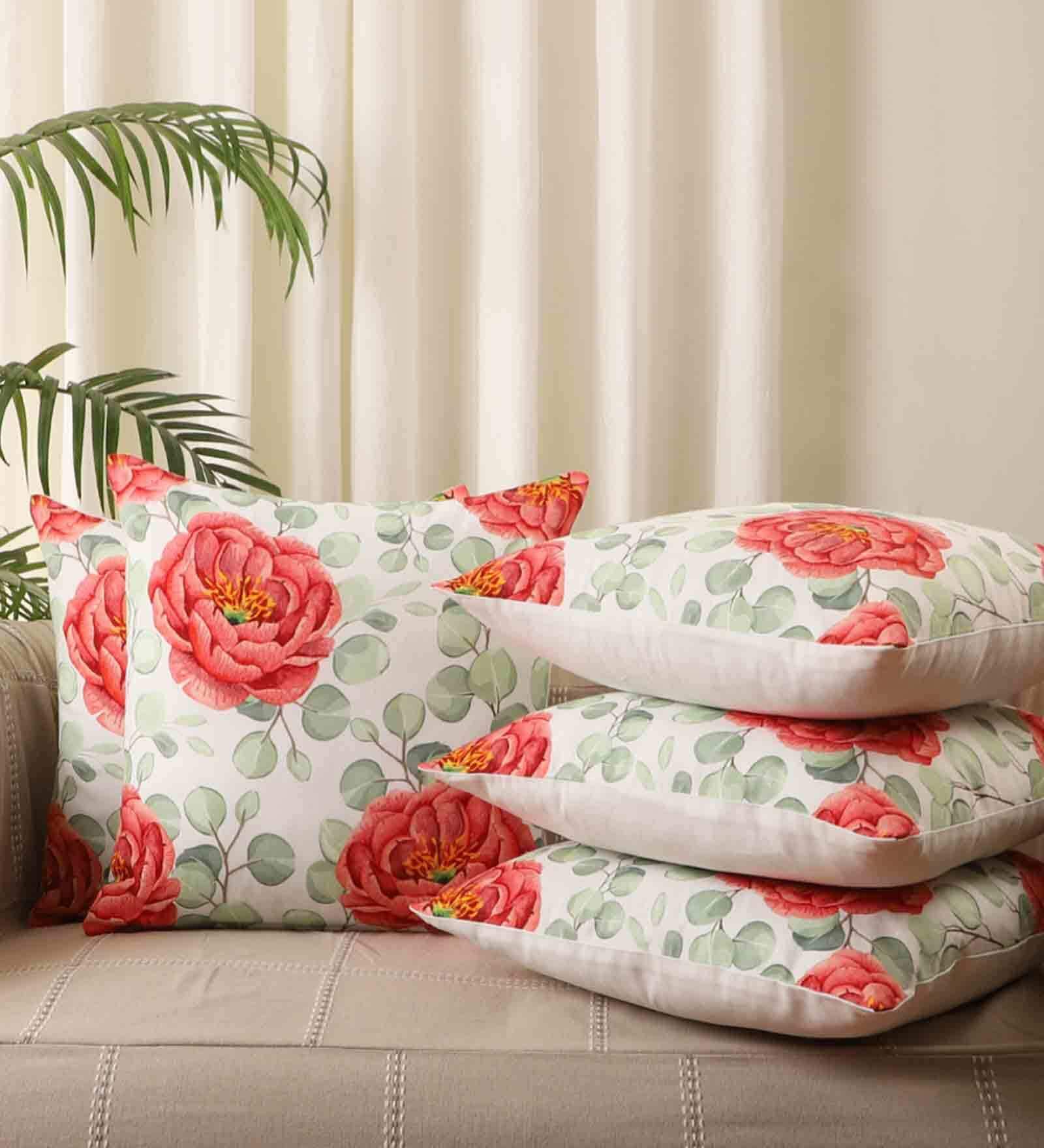 Pink Floral Cotton 18 x 18 Inches Cushion Covers (Set of 5)