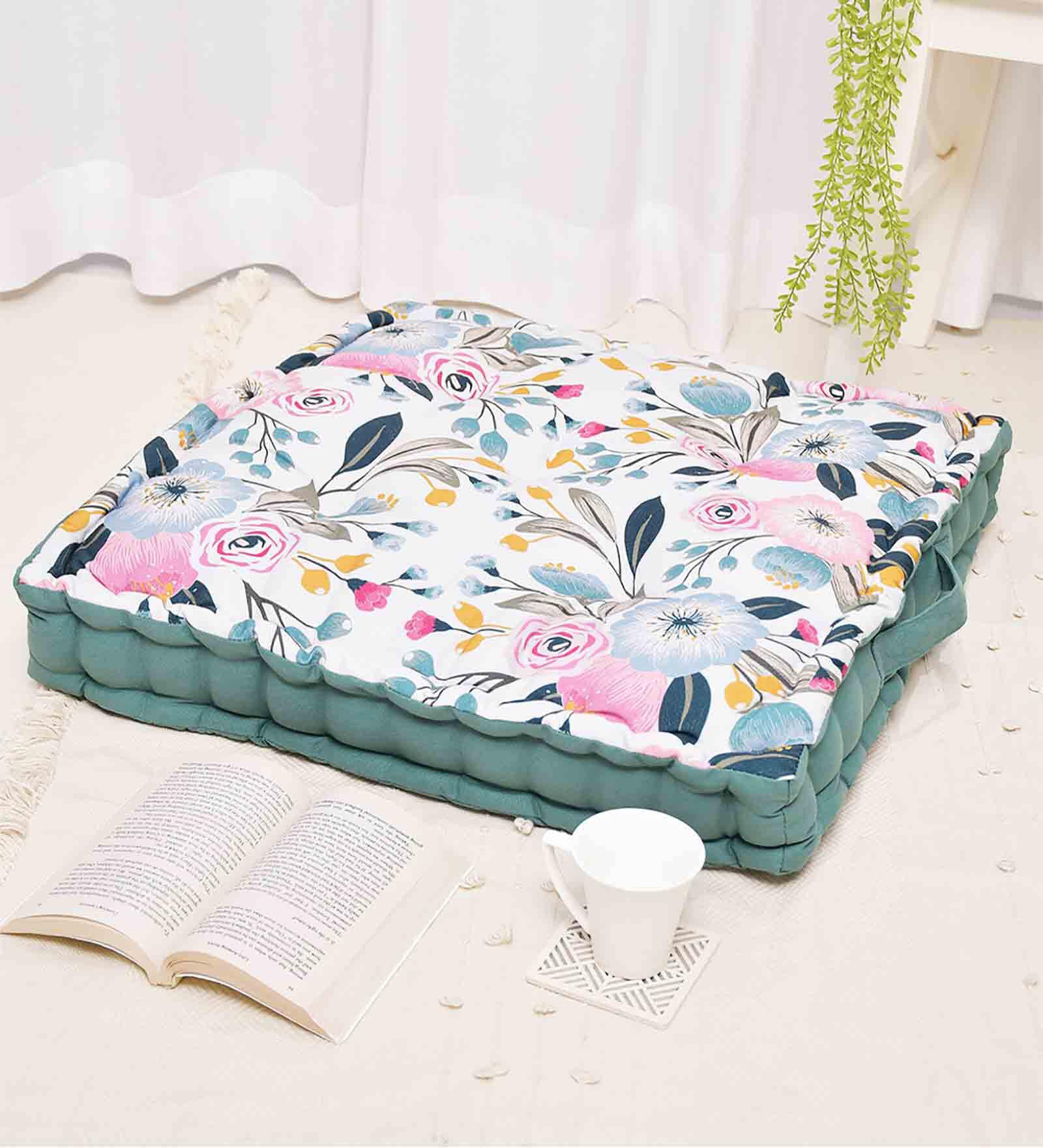 Pink Cotton Floral 20x20 inches Floor Cushions (Set of 2)