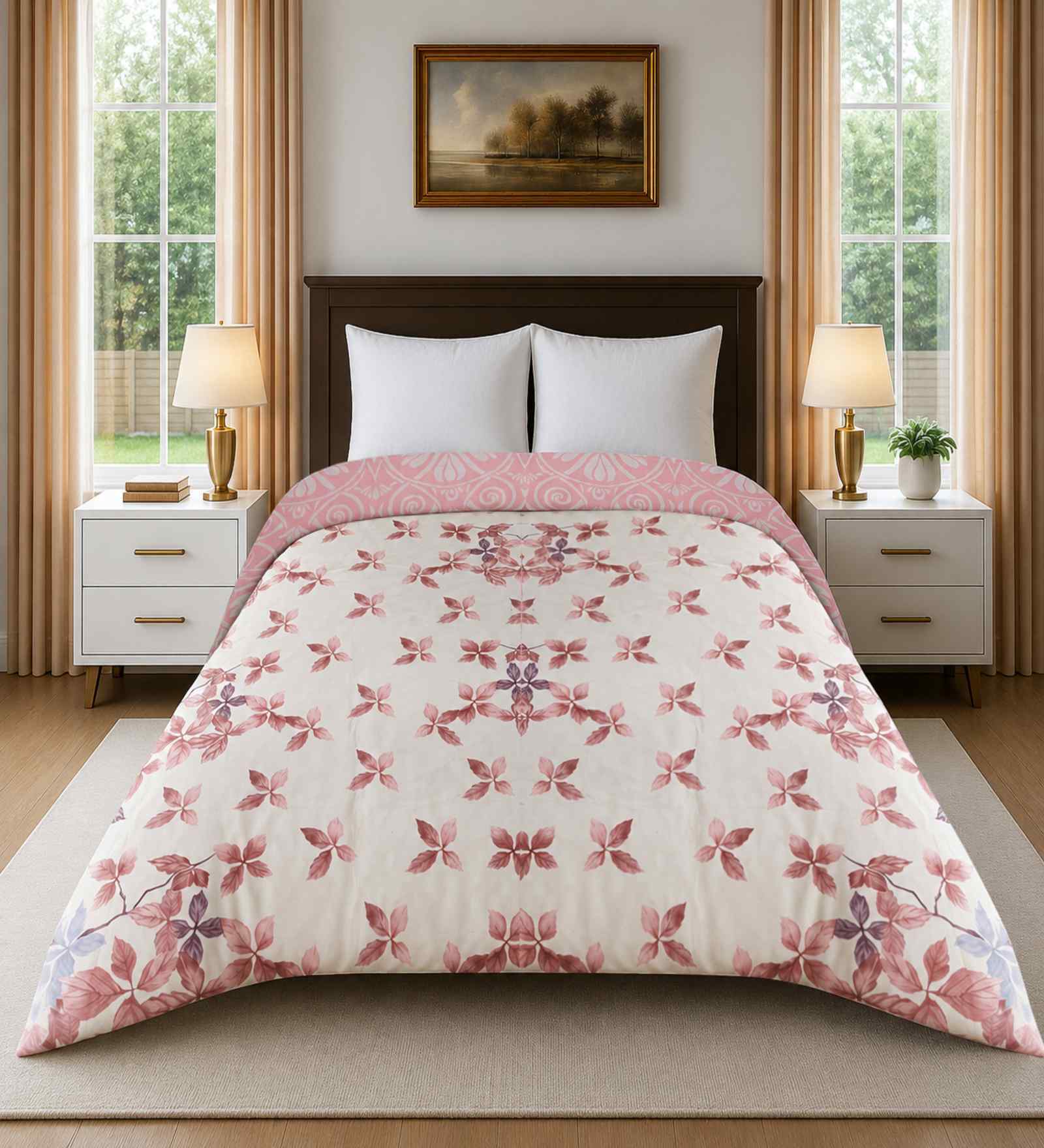 Pink Cotton Floral 300 Gsm Double Bed Reversible Comforter