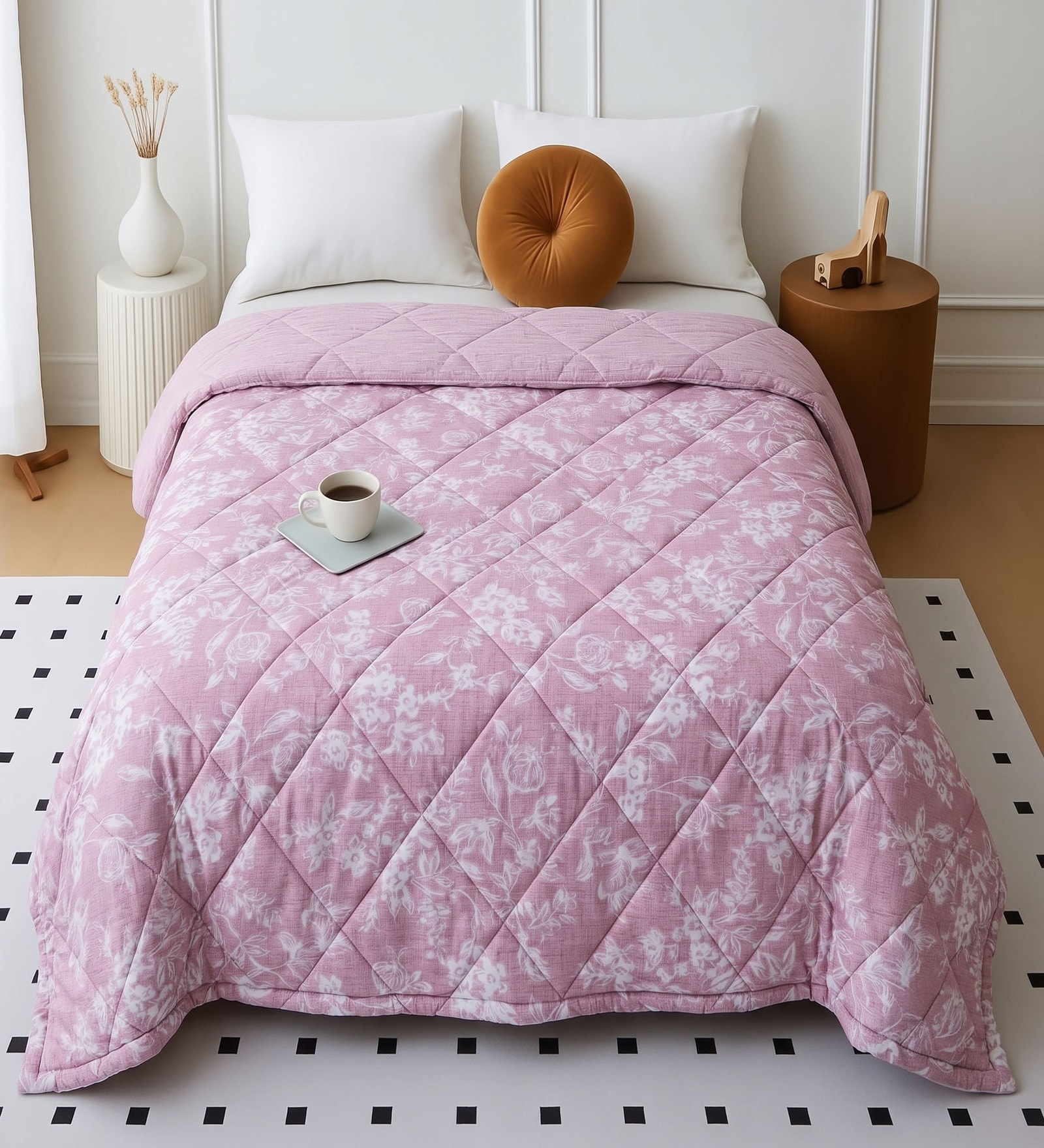 Pink Cotton Floral 350 GSM Double Bed Reversible Quilted Comforter