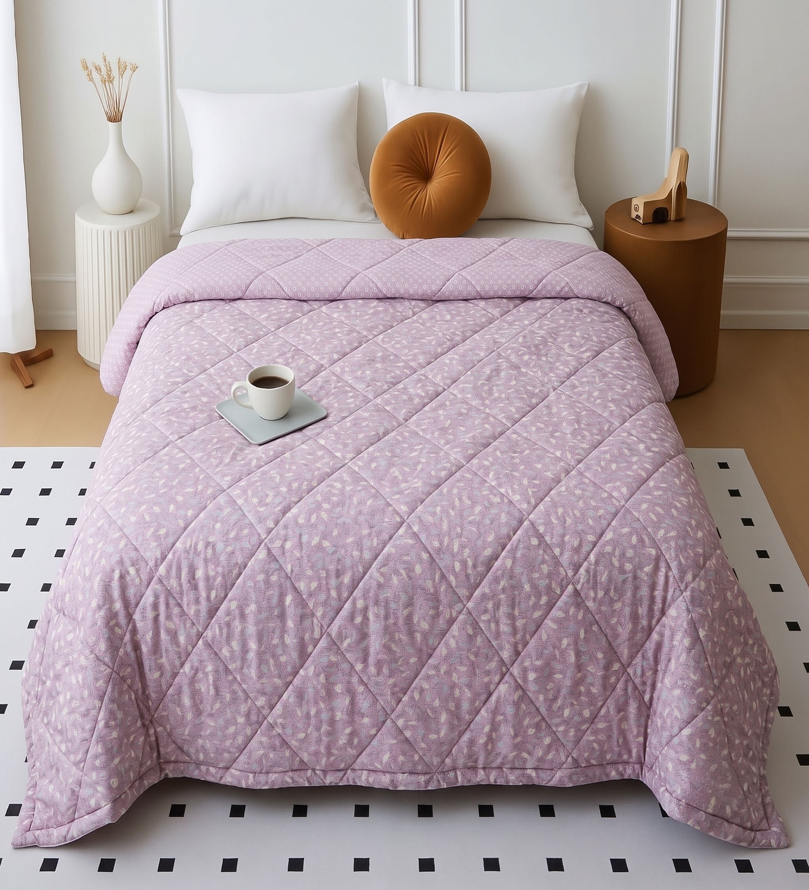 Pink Cotton Floral 350 GSM Double Bed Reversible Quilted Comforter