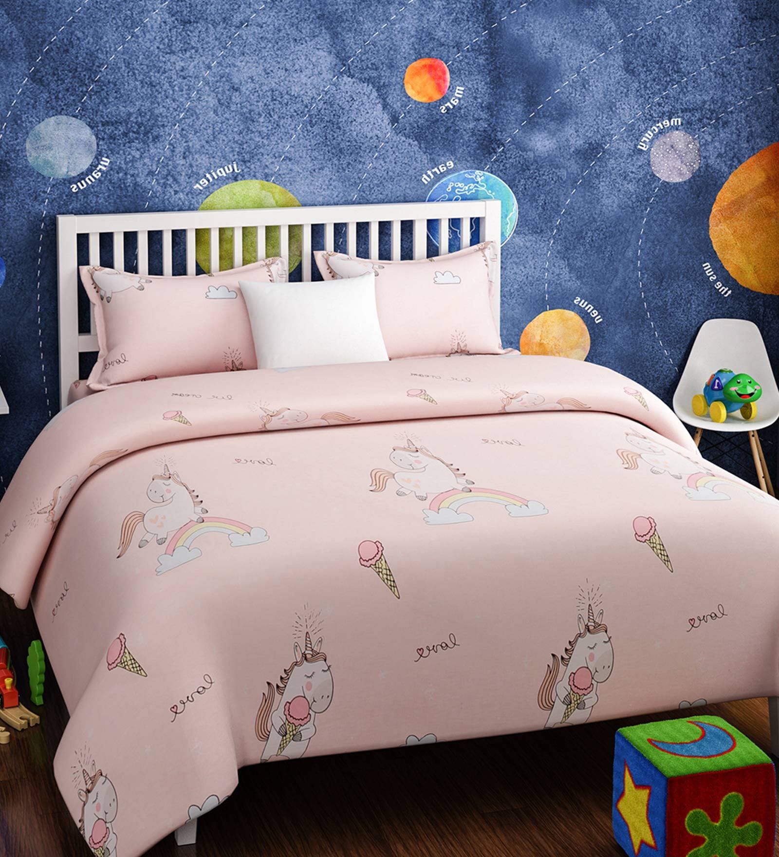 Buy Unicorn Print Double Bedsheet with 2 Pillow Covers in Pink Colour