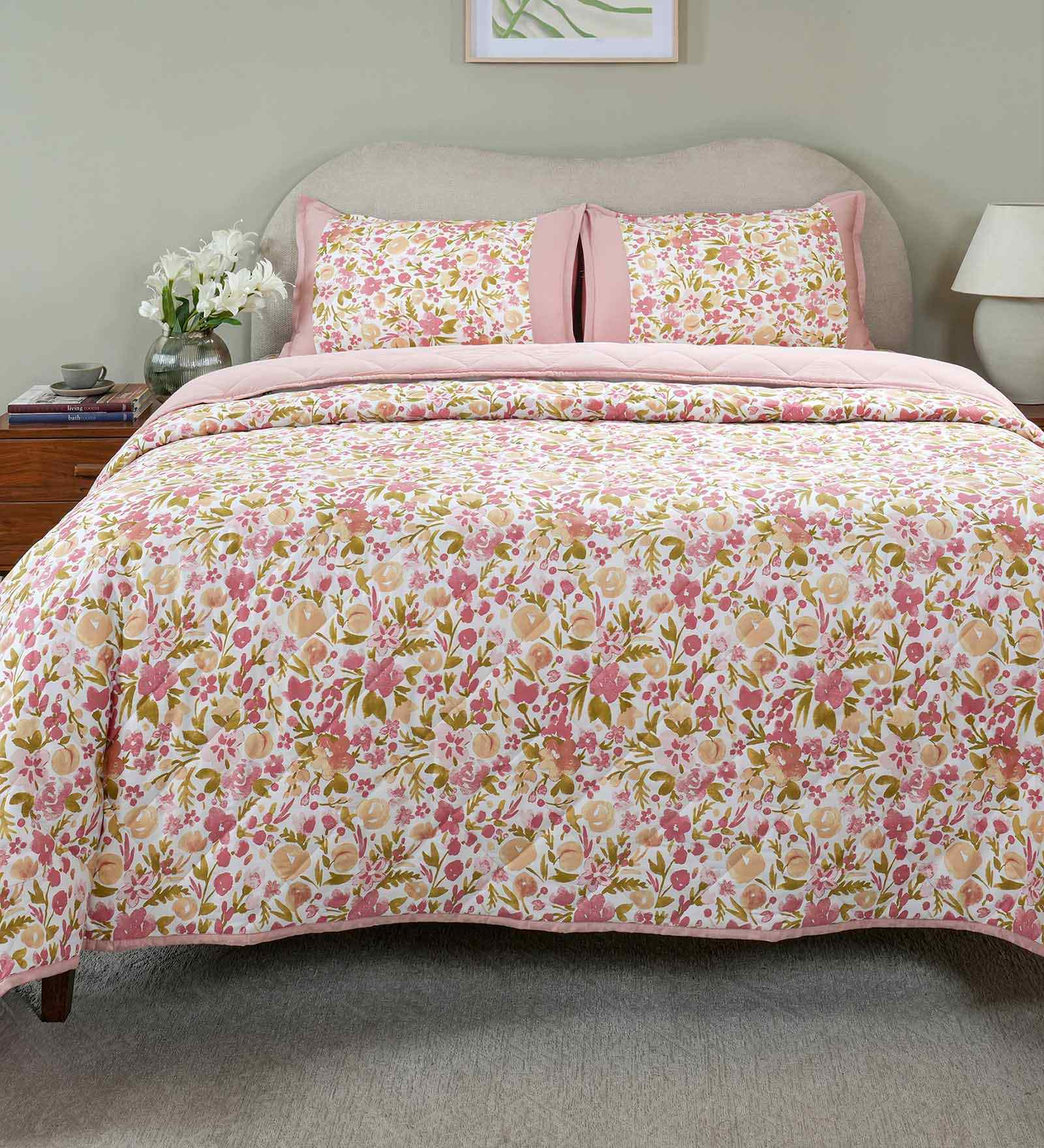 Pink Cotton Polyester Fruit Print 115 GSM Double Bed Quilt