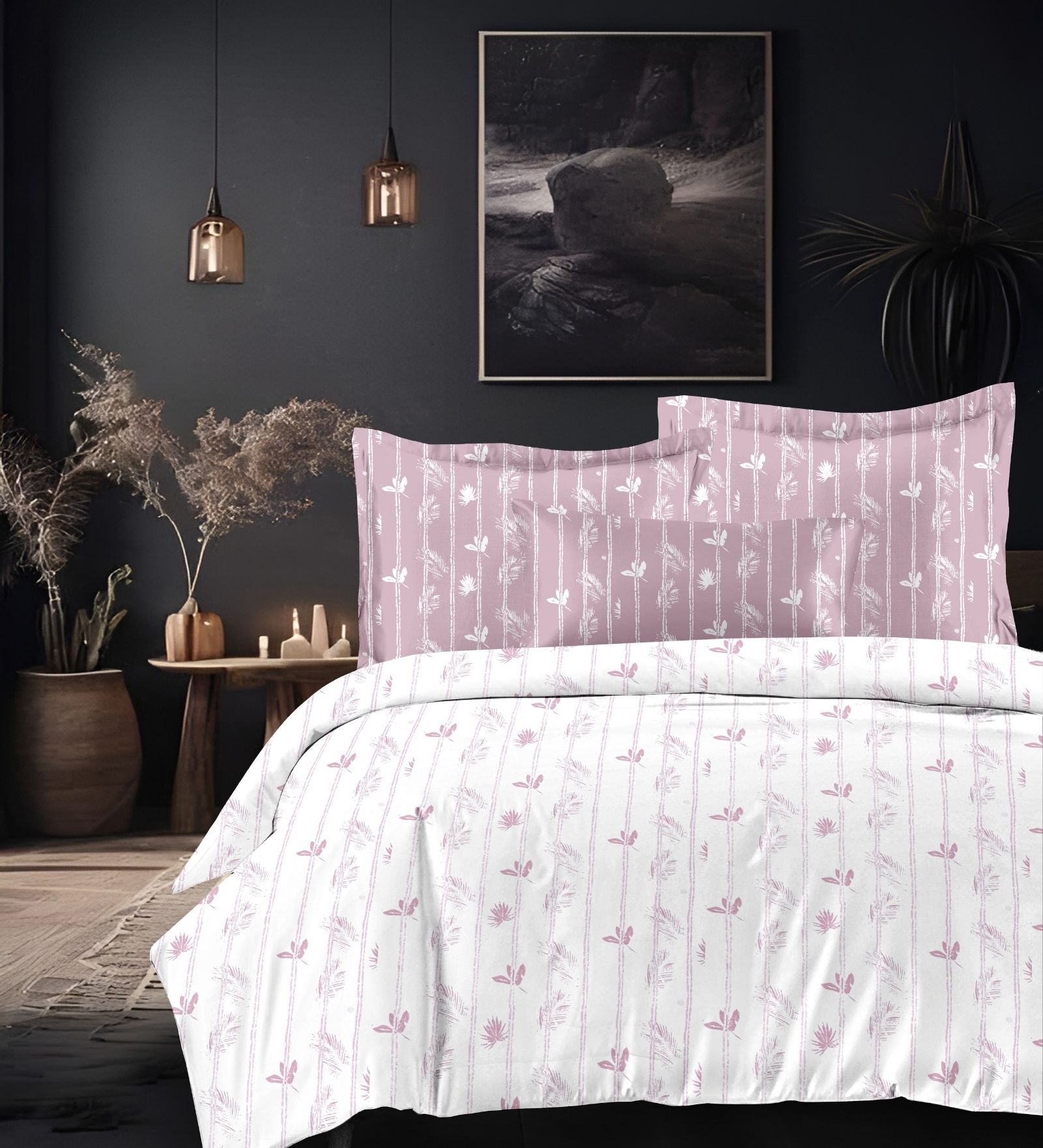 Pink Cotton Pritned 300TC Super King Bedsheet with 2 Coordinate Pillow Covers