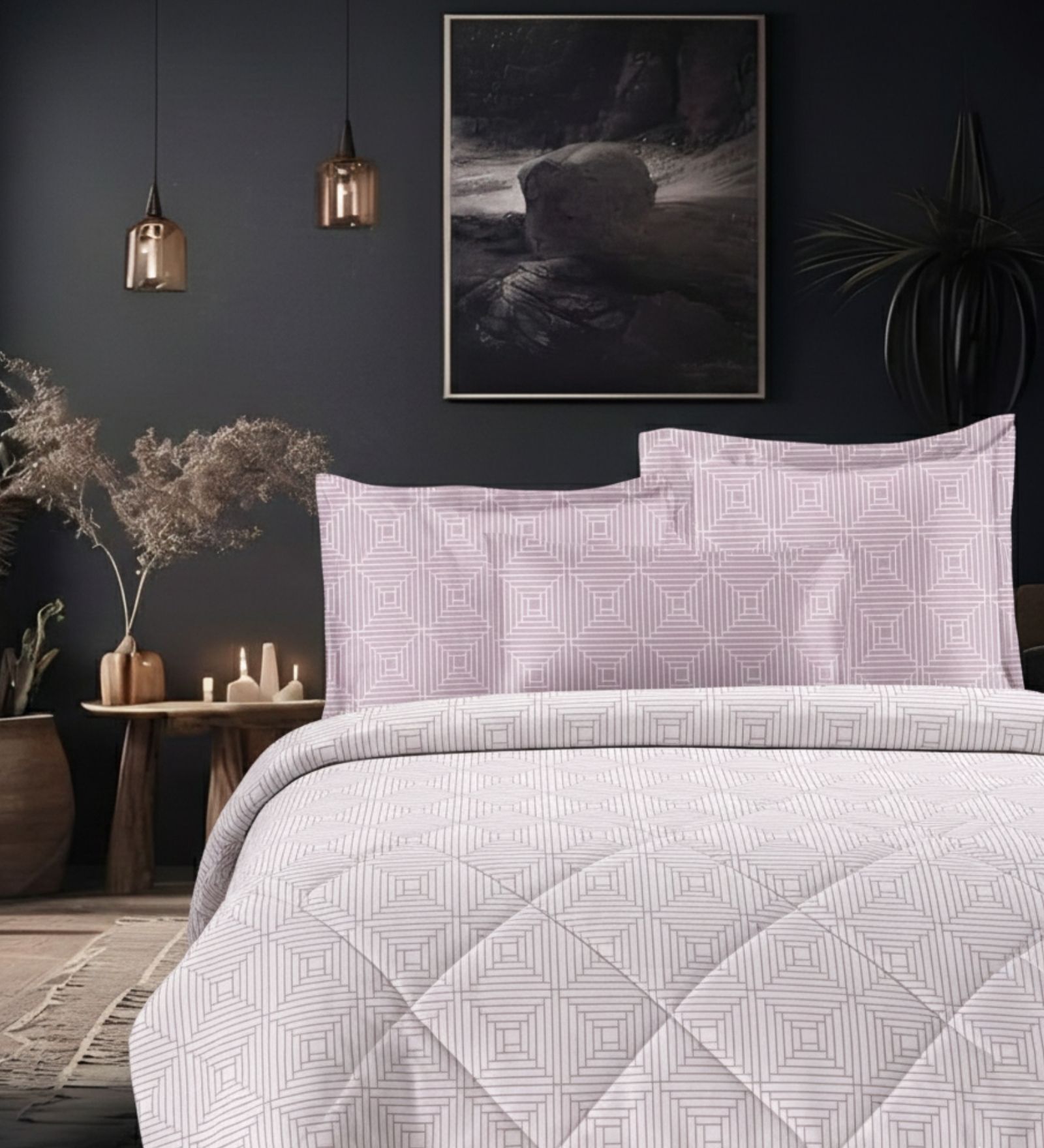 Pink Cotton 210TC Printed All Weather Double 150GSM Bedding Set 1 Comforter 1 Bedsheet 2 Pillow Covers