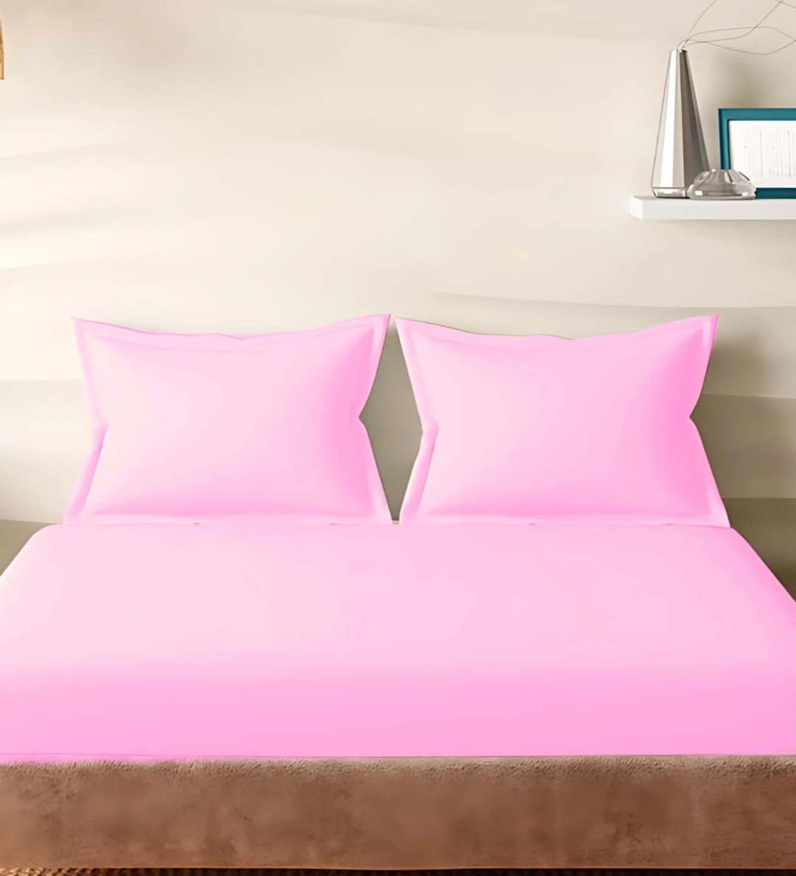 Pink Cotton Solid 210TC Plain Super King Bedsheet with 2 Pillow Covers