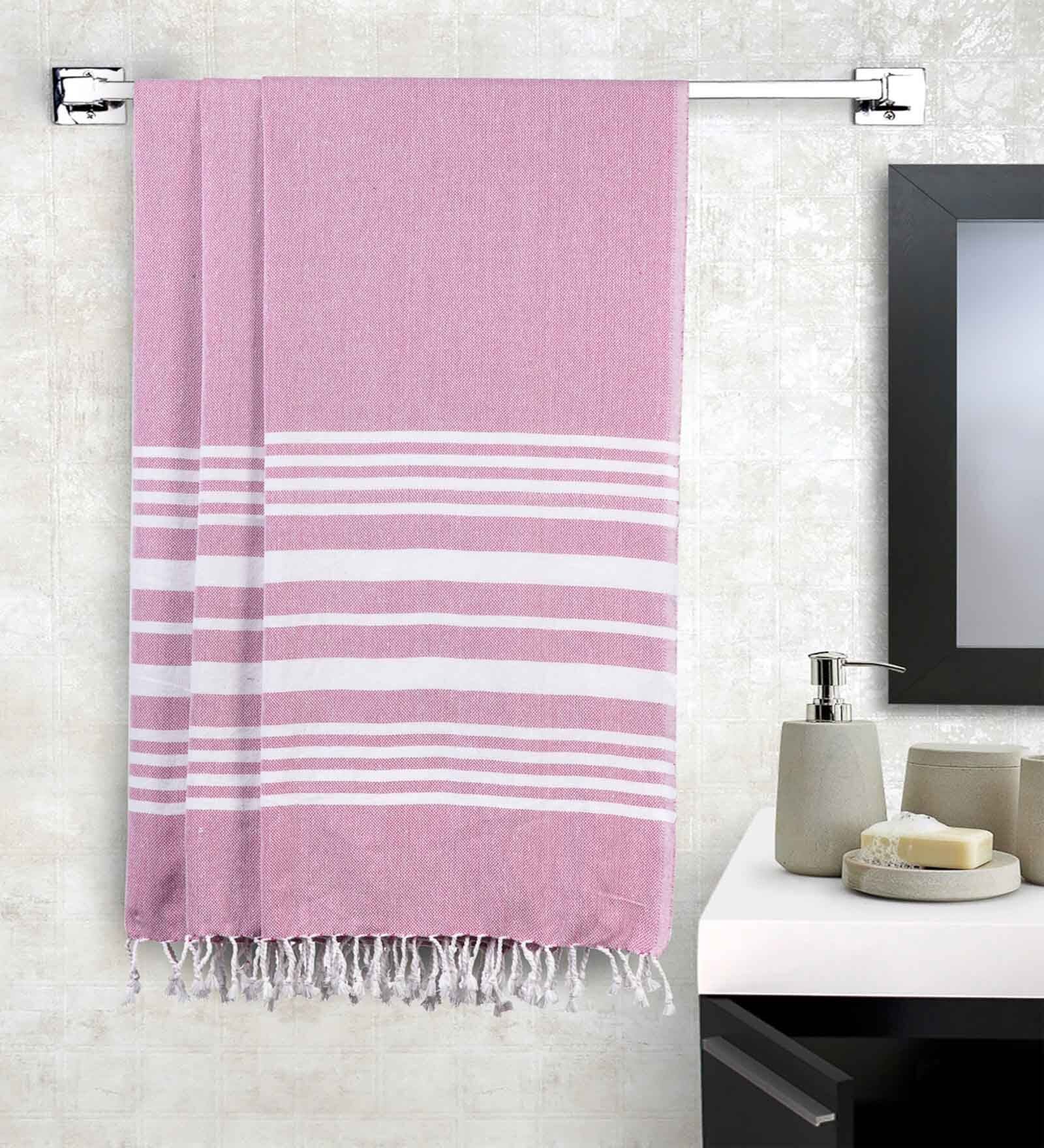 Pink Cotton Striped 201-250 GSM Bath Towel (Set of 3)