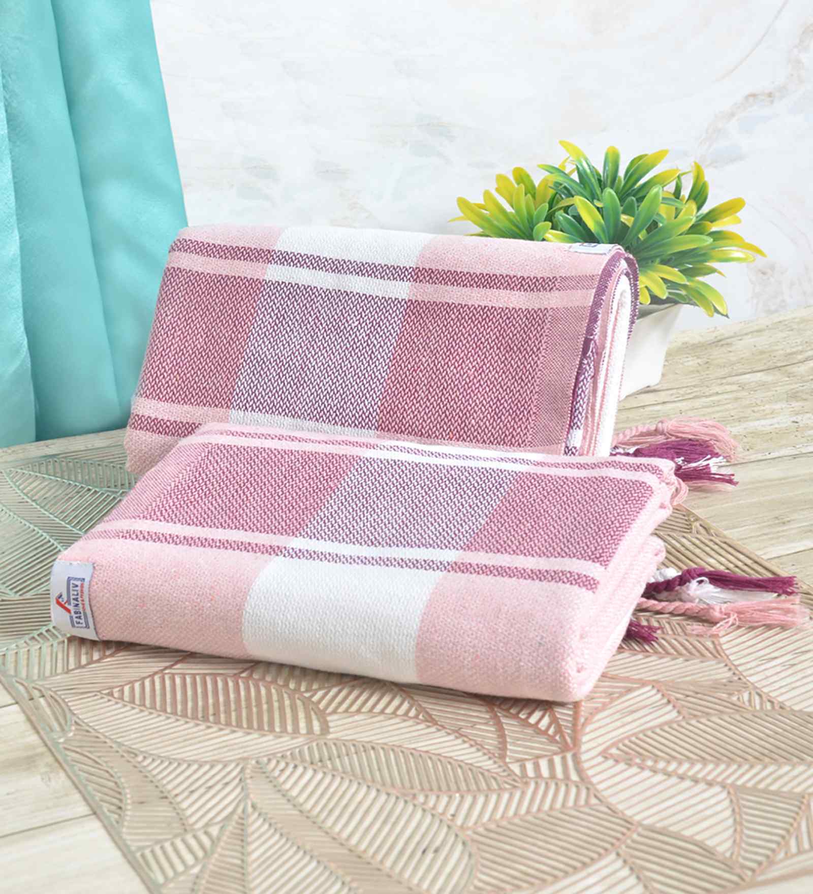 Pink Cotton Striped 225 GSM Bath Towels Pack of 2