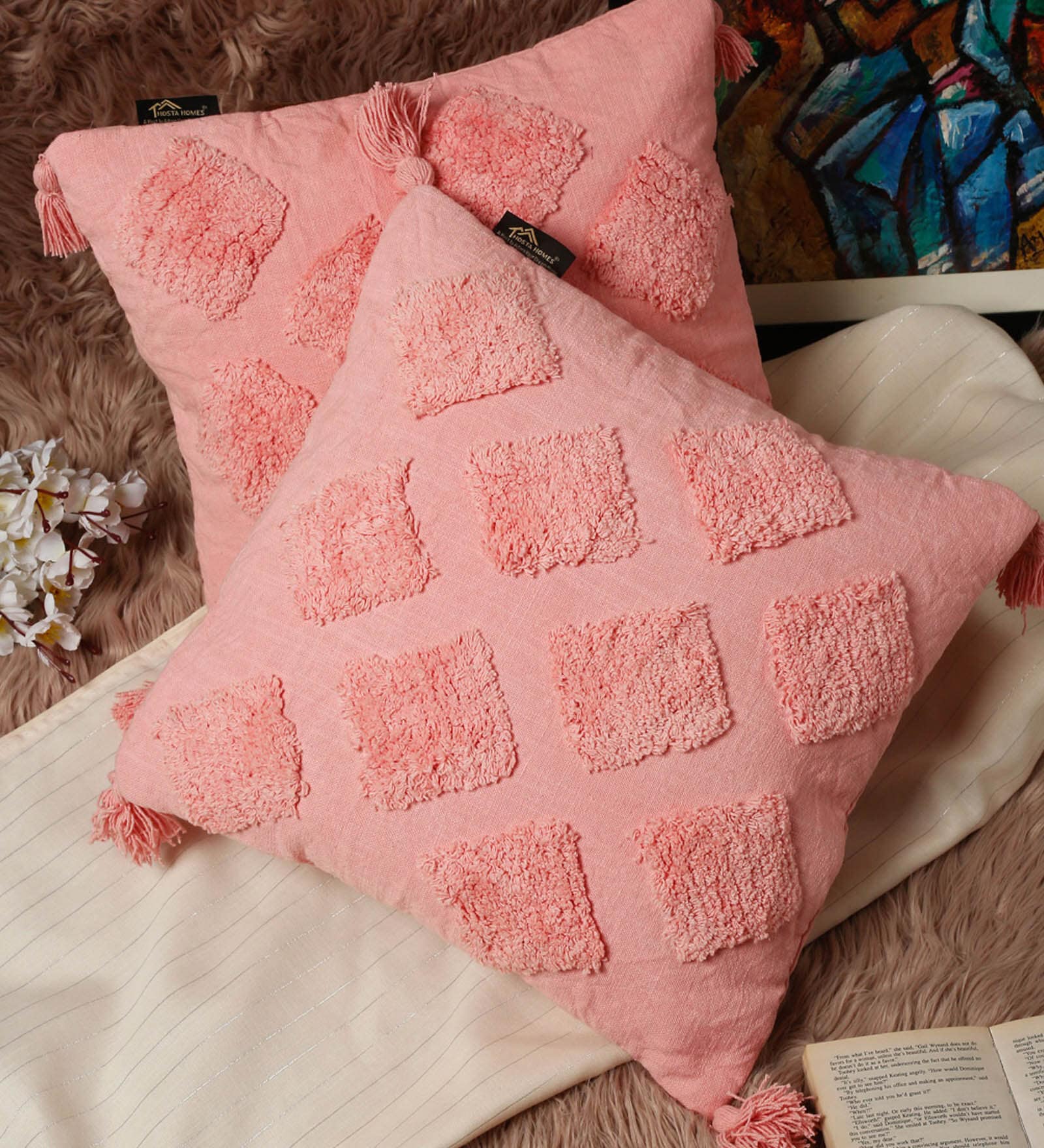 Pink Textured Geometric Cotton 16 x 16 Inches Cushion Covers (Set of 2)
