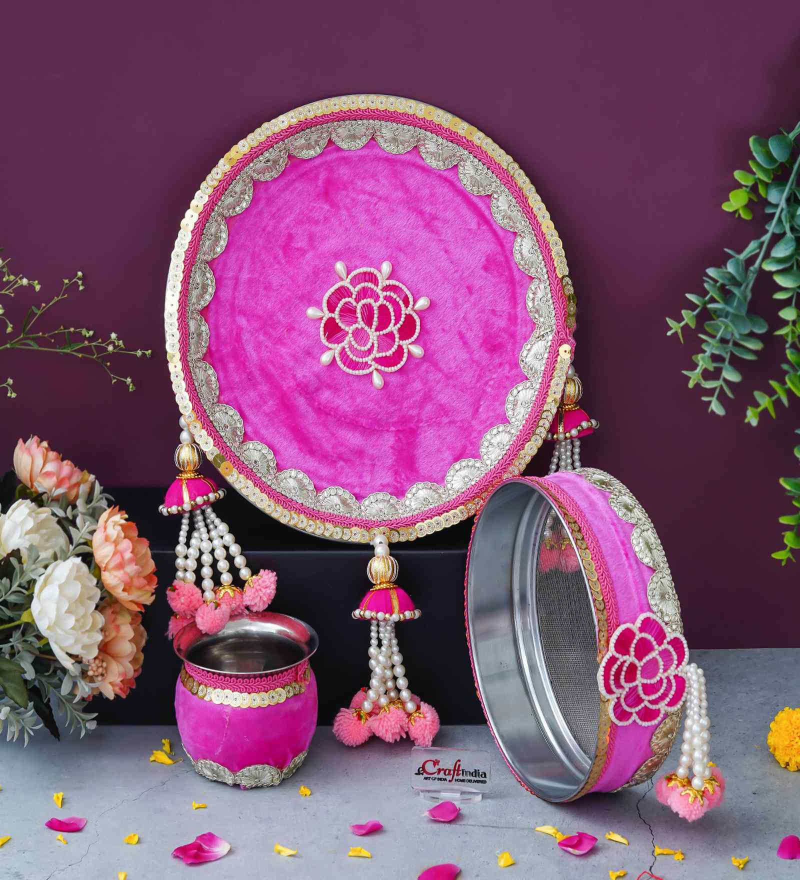 Pink Decorative Stainless Steel Karwa Chauth Thali Set with Plate Chalni Lota|Karva Chauth Pooja Thali