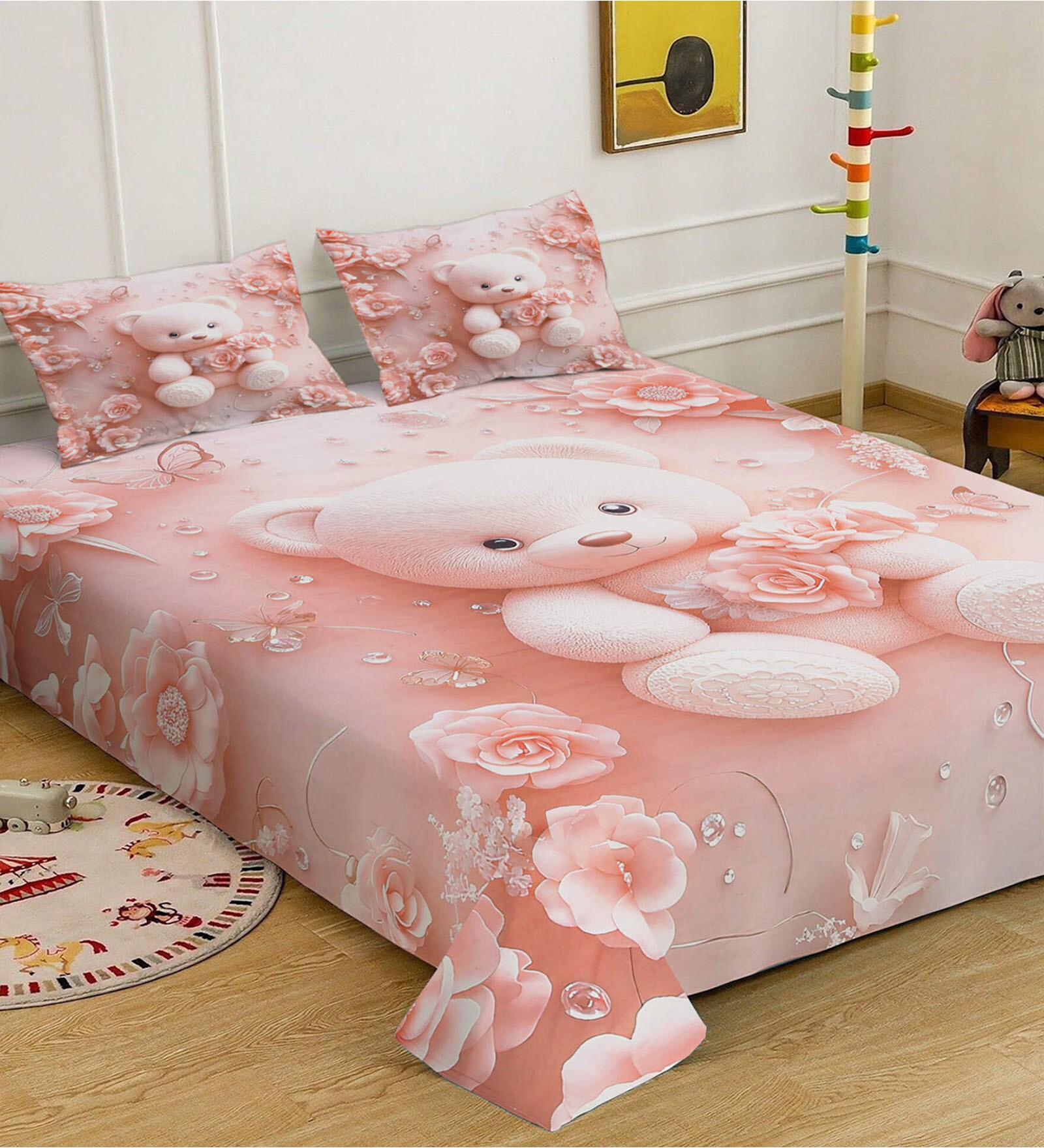 Pink Digital Cartoon Characters Printed Cotton Blend Double Bedsheet with 2 Pillow Covers