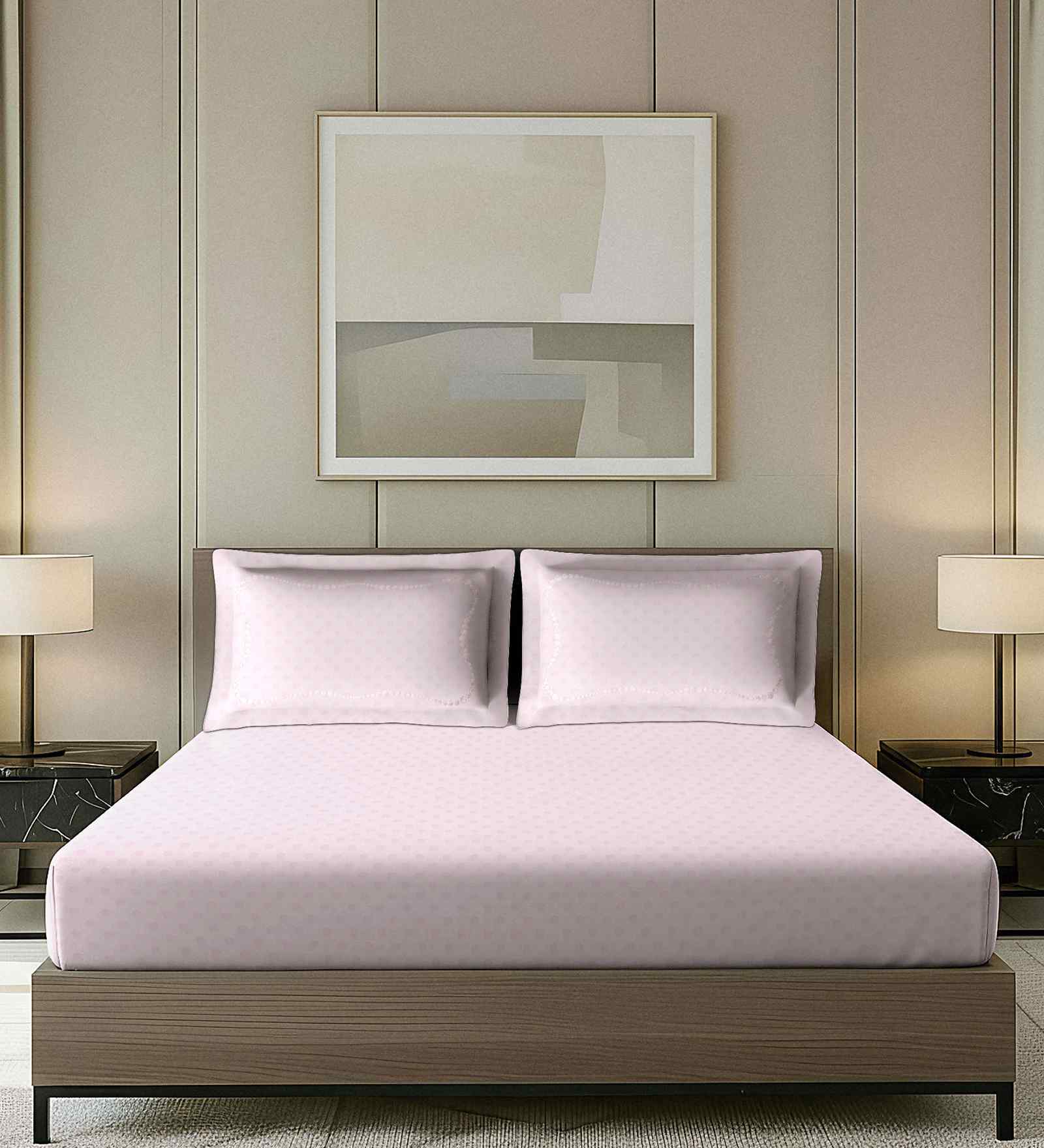 Pink Dotted Pattern With Dotted Embroidery 500 TC Cotton King Double Bedsheet With 2 Pillow Covers