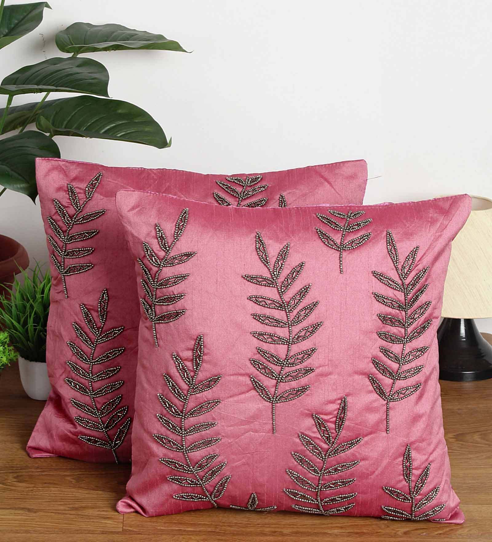 Pink Embroidered ( Set of 2 ) Cushion covers 16x16 Inch Alina decor
