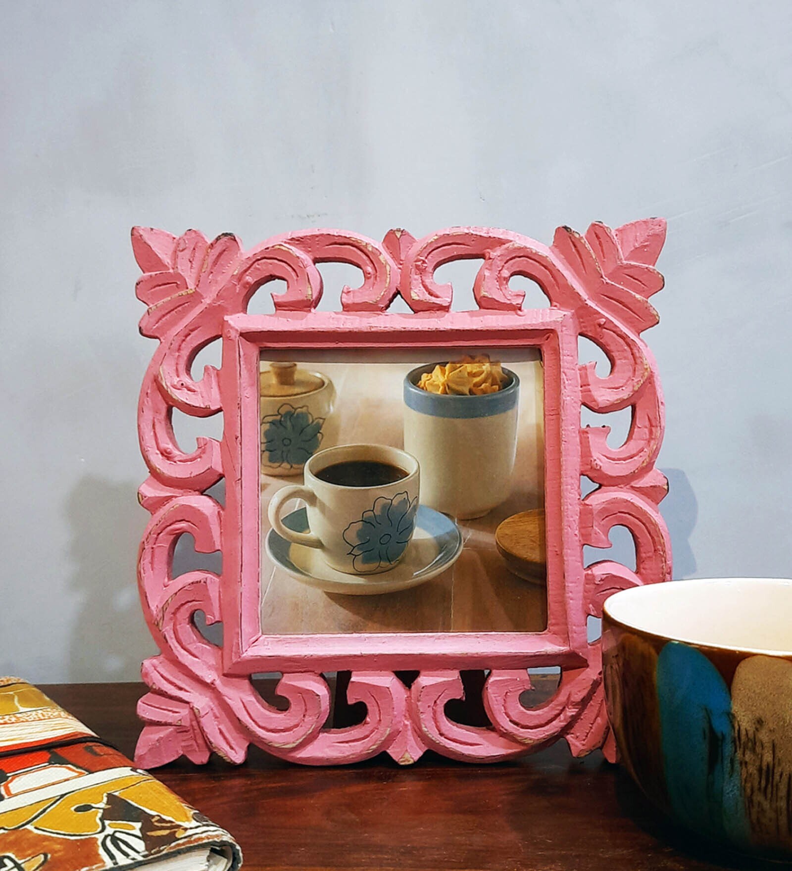 Buy Pink Engineered Wood Table Top Wooden Carved Square Photo Frame by