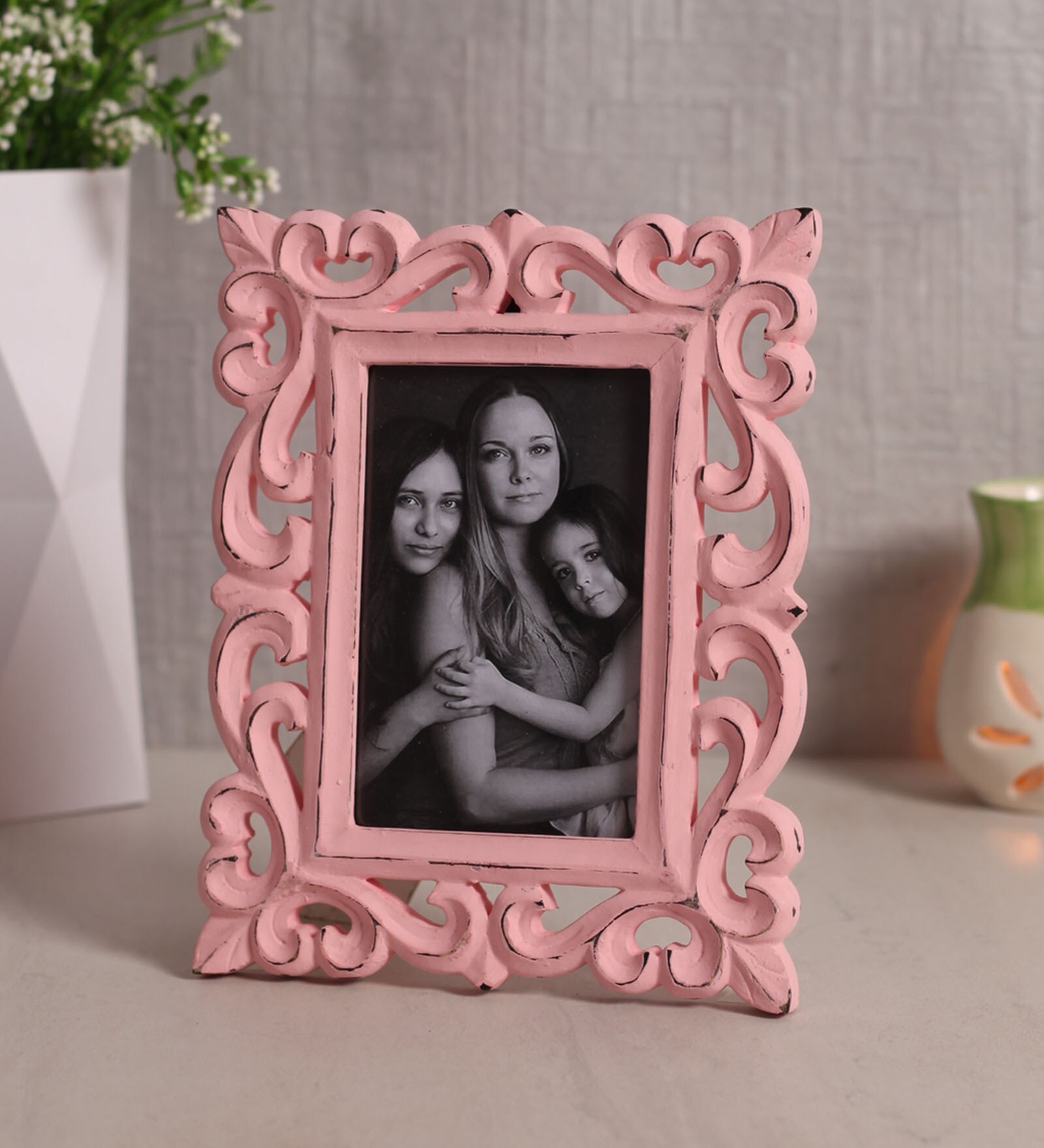 Buy Pink Engineered Wood Table Top Wooden Carved Square Photo Frame by