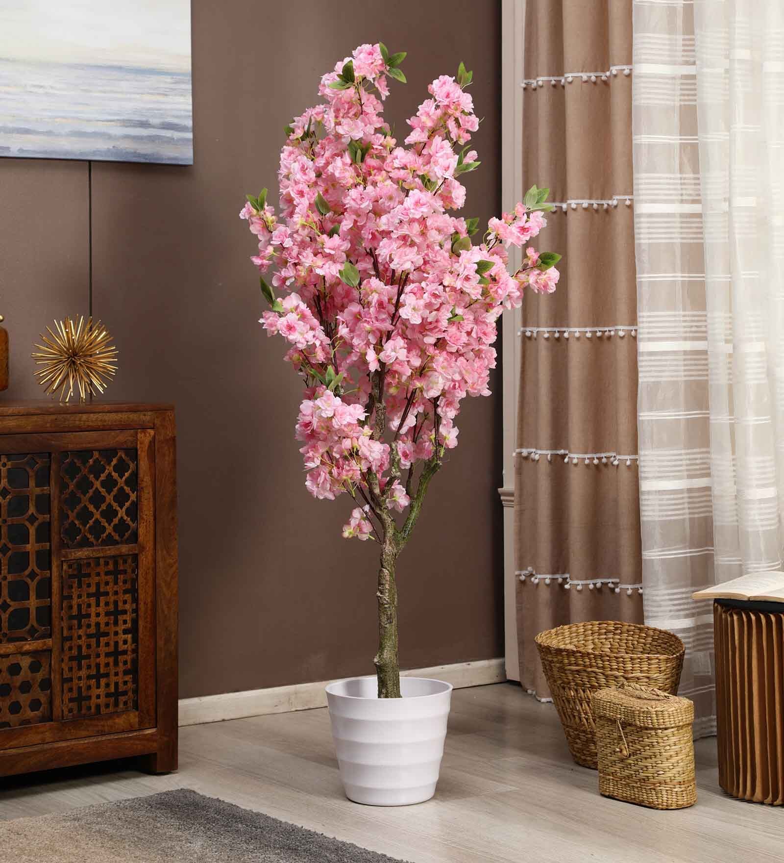 Fabric Pink Cherry Blossom Tree Without Pot Artificial Plants
