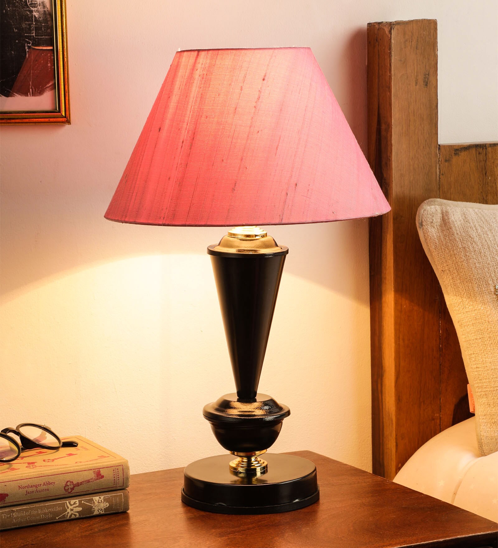 Regis Pink Fabric Shade Night Lamp With Metal Base