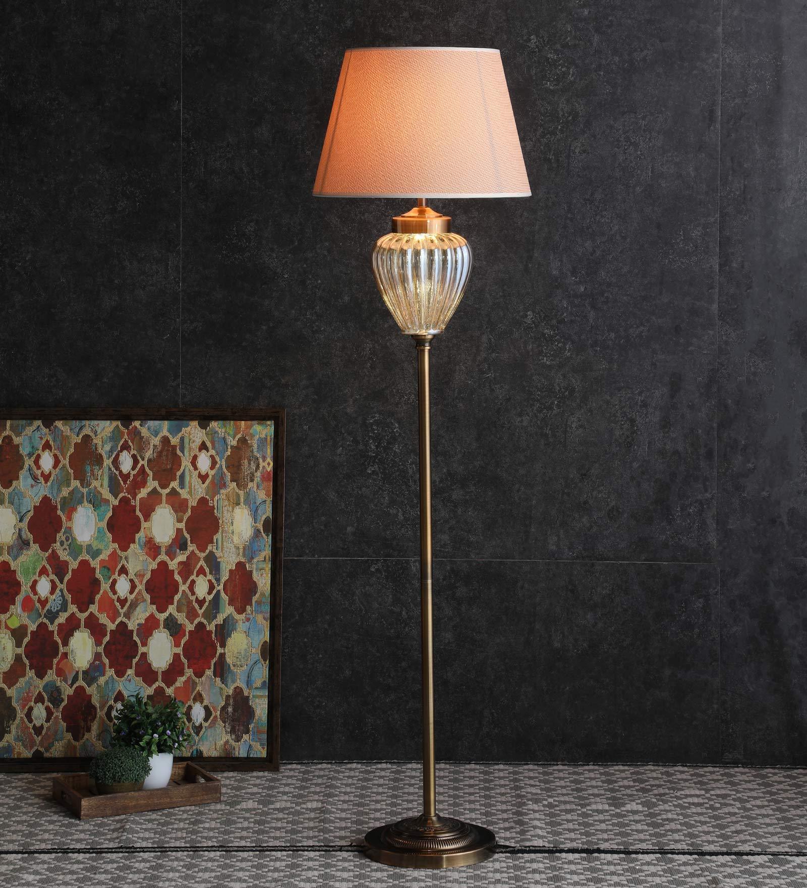 Pink Fabric Shade Floor Lamp with Brass Base