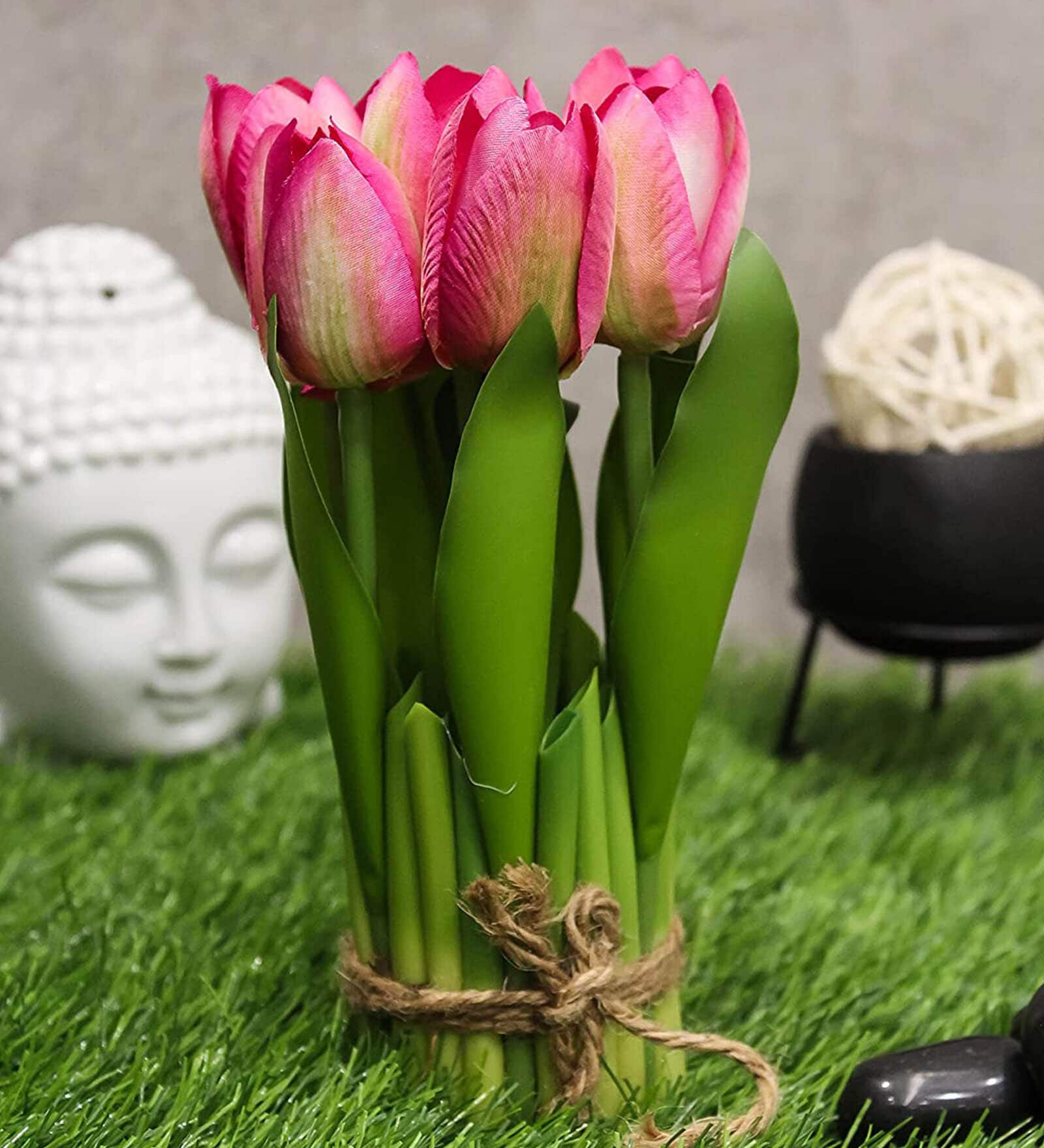 Pink Fabric Stunning Artificial Tulip Flower Bunch with Base
