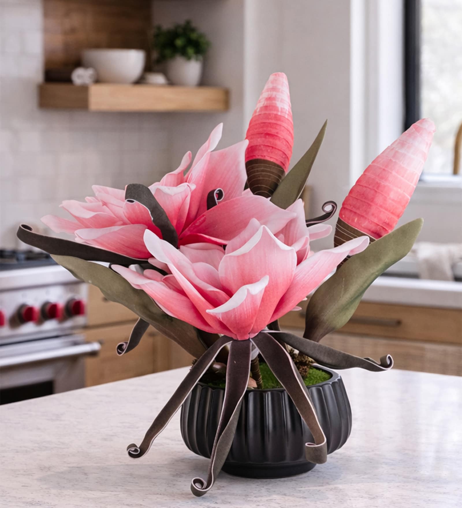 Pink Faux Leather Opulent Dawn Magnolia Arrangement Pot With Flower