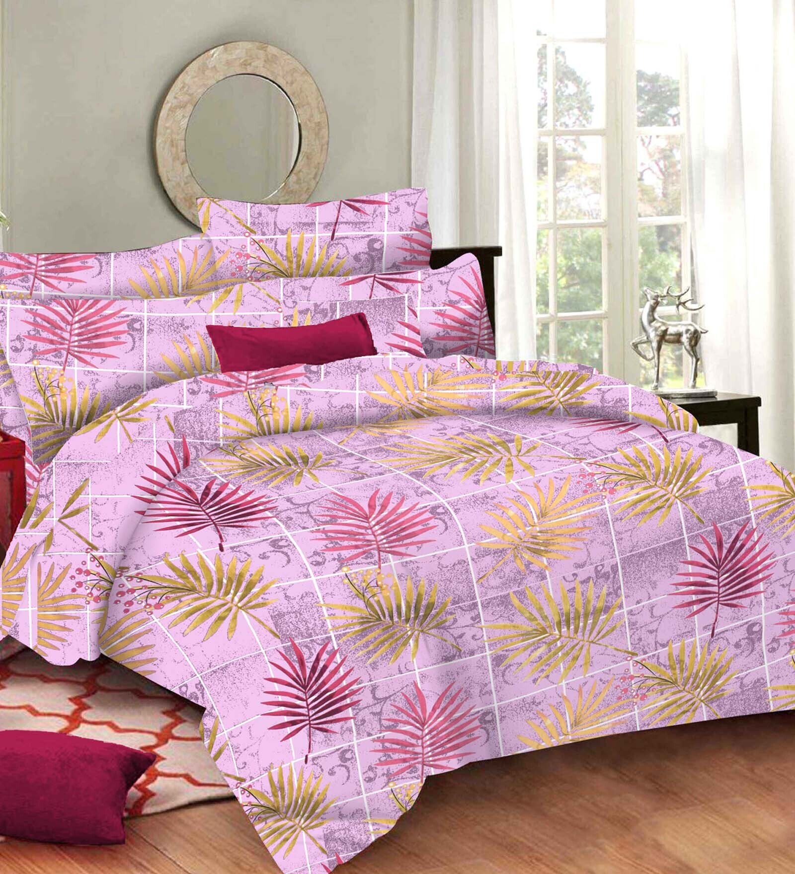 Pink Floral 116 TC 100% Cotton Queen Sized Bed Sheets with 2 Pillow Covers