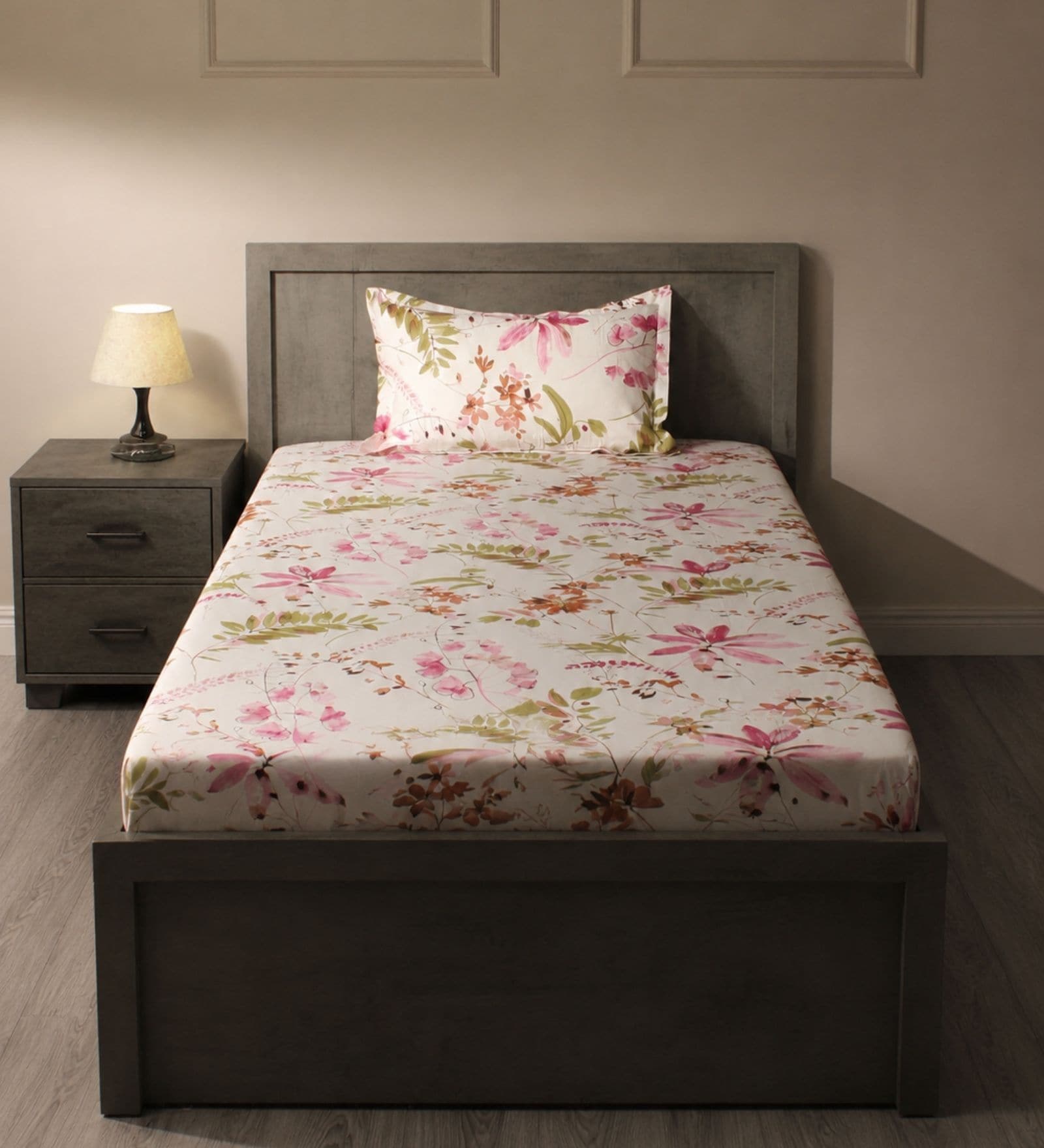 Pink Floral 144 TC 100% Cotton Single Bedsheet with 1 Pillow Cover