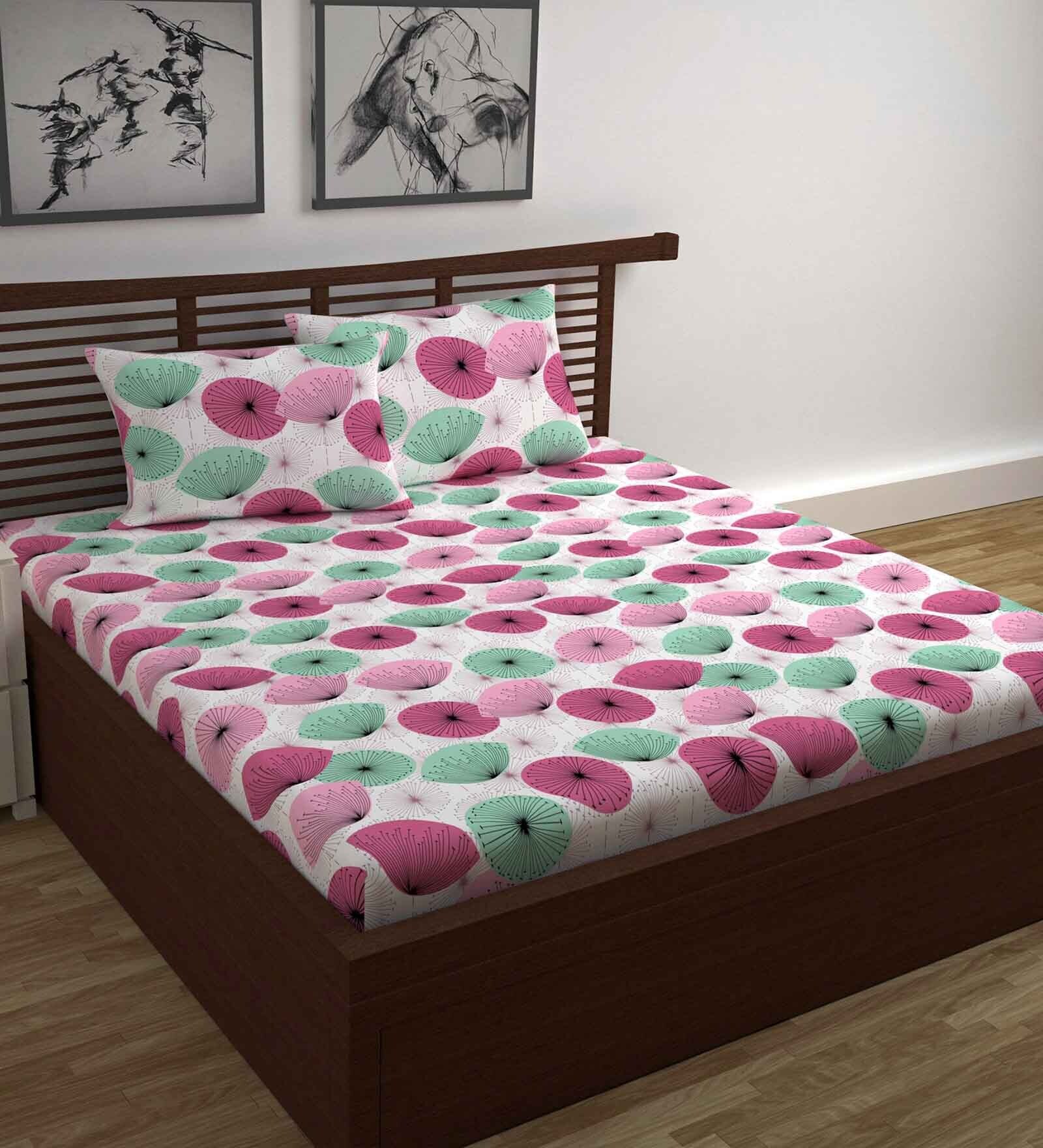 Pink Floral 144 TC Cotton Double Bedsheet with 2 Pillow Covers