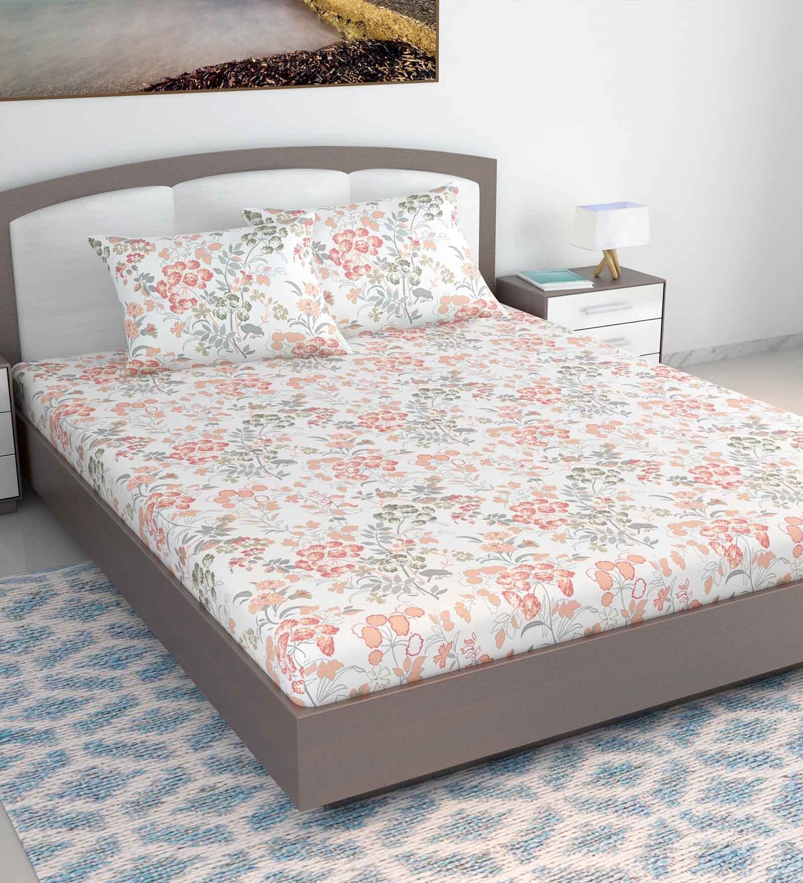 Multicolor Floral 144 Tc Cotton King Size Bedsheet With 2 Pillow Covers