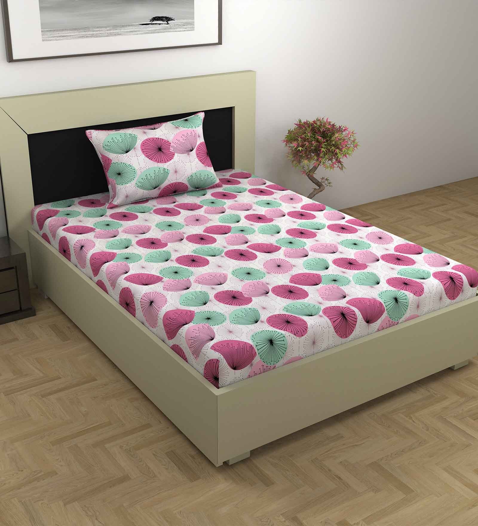 Pink Floral 144 TC Cotton Single Bedsheet with Pillow Cover