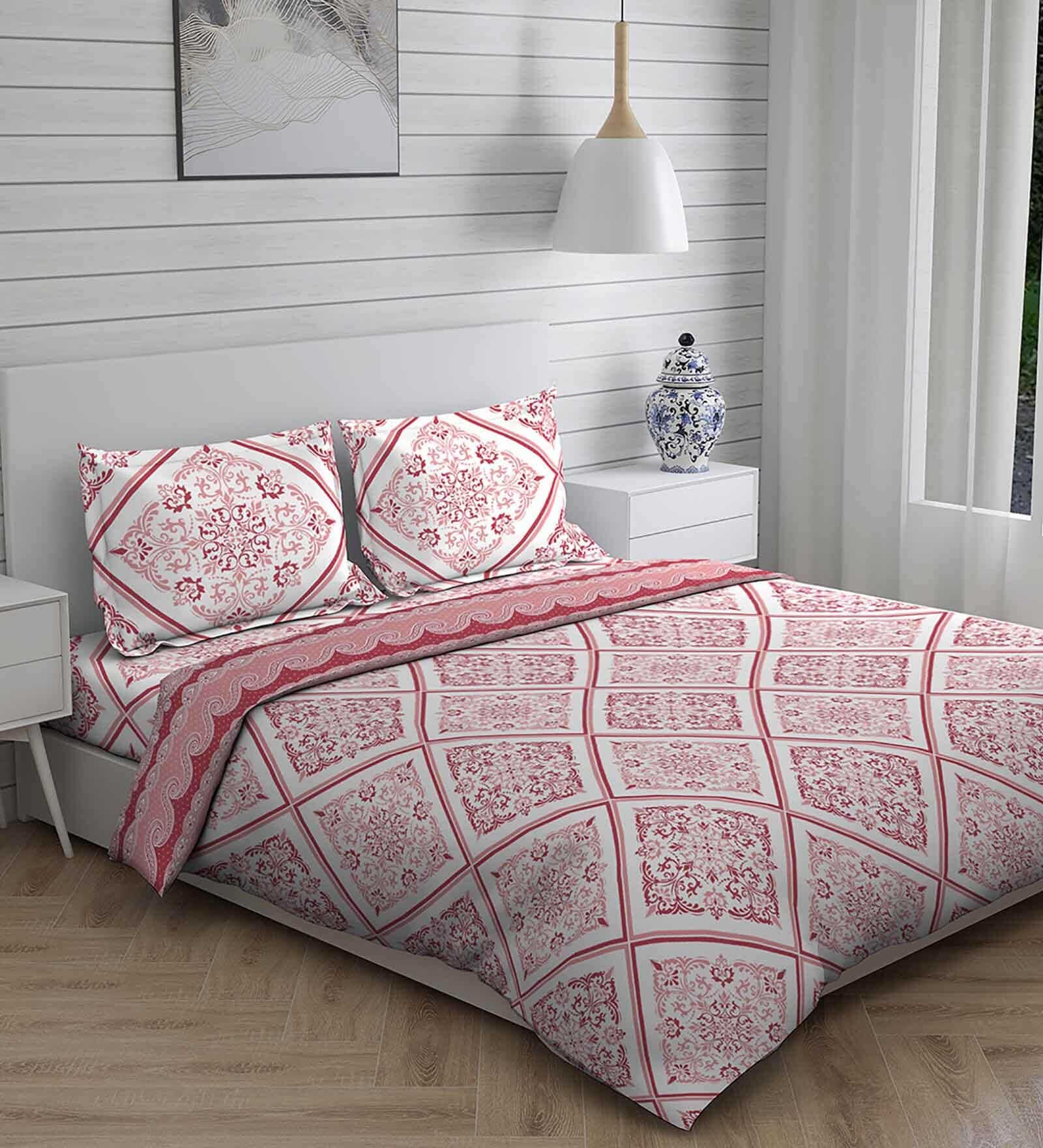Pink Patterned 144 TC Cotton (Set of 4) Double Bed Bedding Sets