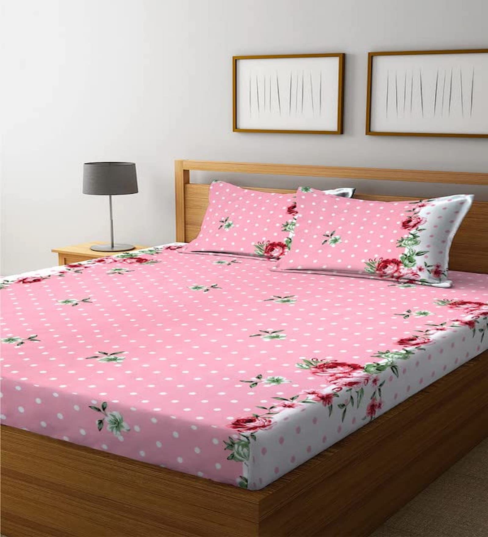 Pink Floral 144 TC Cotton Blend Double Bedsheet With 2 Pillow Covers
