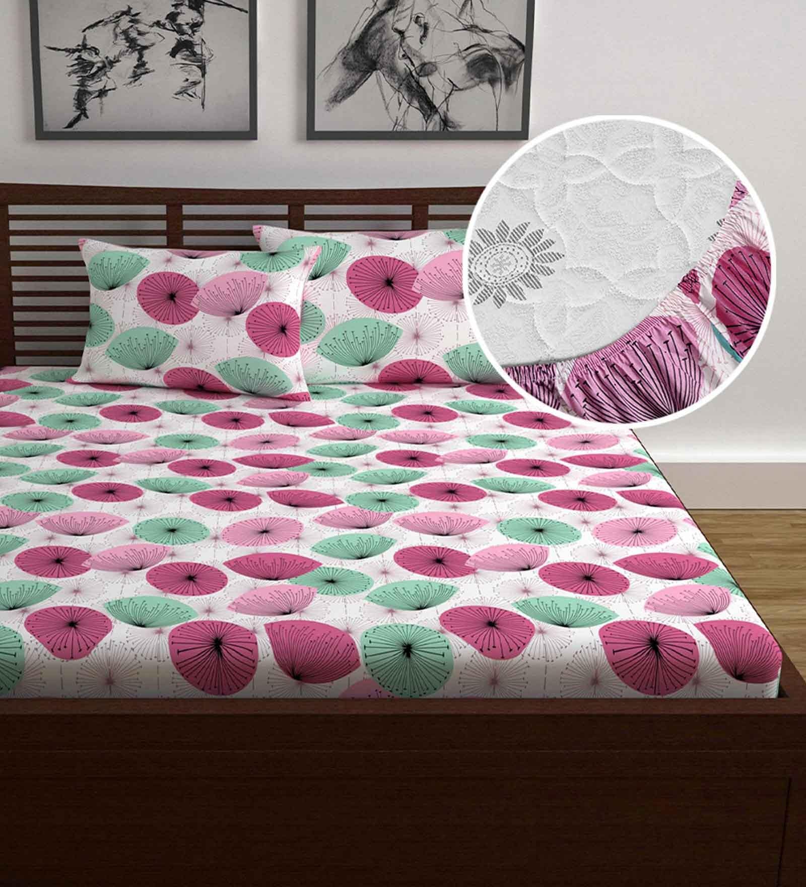 White Floral 144 TC Cotton Double Fitted Bedsheet with 2 Pillow Covers