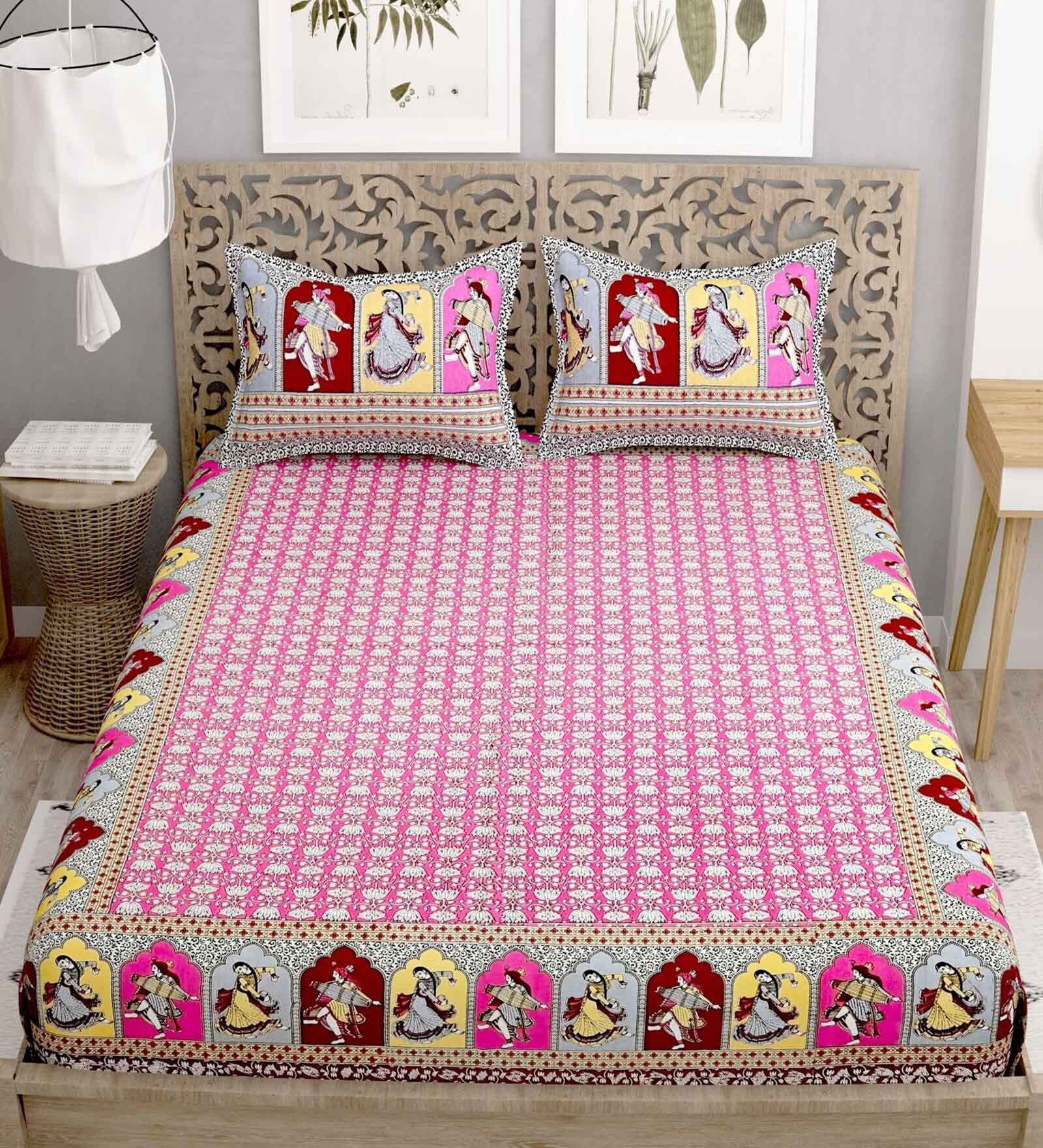 Pink Floral 144 TC Cotton King Bedsheet and 2 Pillow Cover