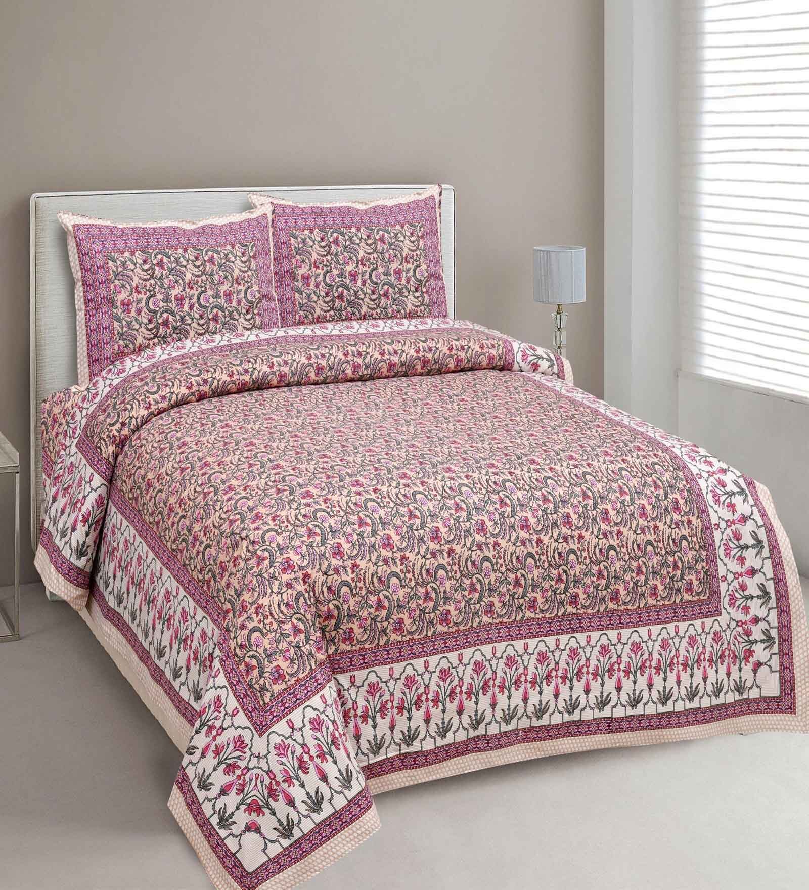 Pink Floral 144 TC Cotton King Bedsheet and 2 Pillow Cover