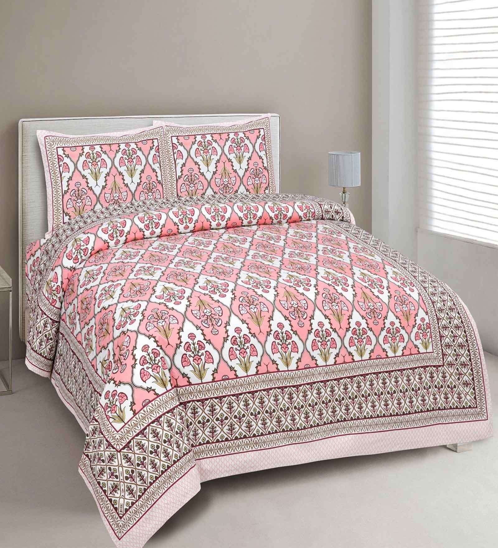 Pink Floral 144 TC Cotton King Bedsheet and 2 Pillow Cover