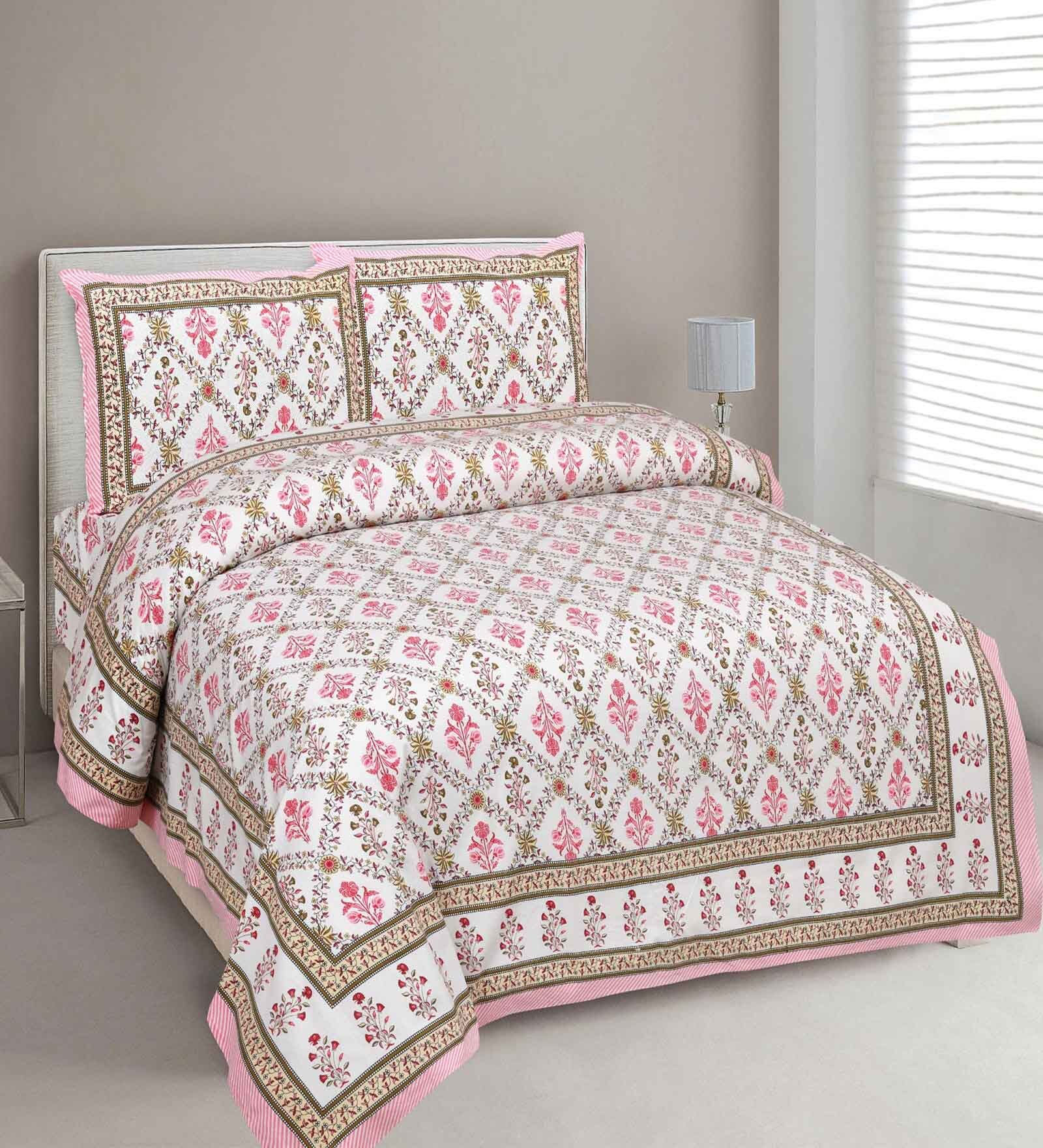 Pink Cotton Floral 150 Tc Double Reversible Bed Bedsheet With 2 Pillow Covers