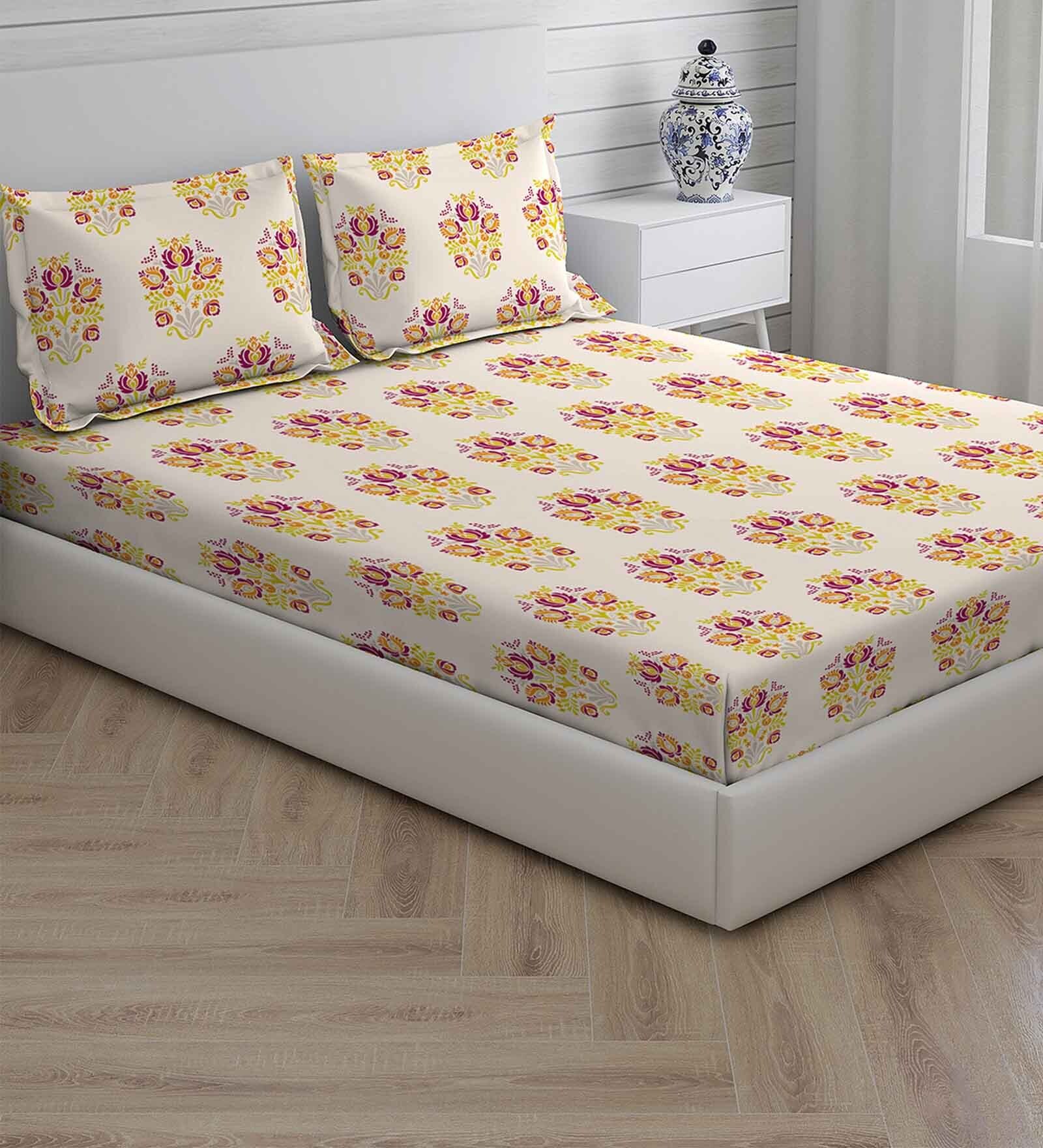 Pink Floral 144 TC Cotton King Sized Bed Sheets with 2 Pillow Covers