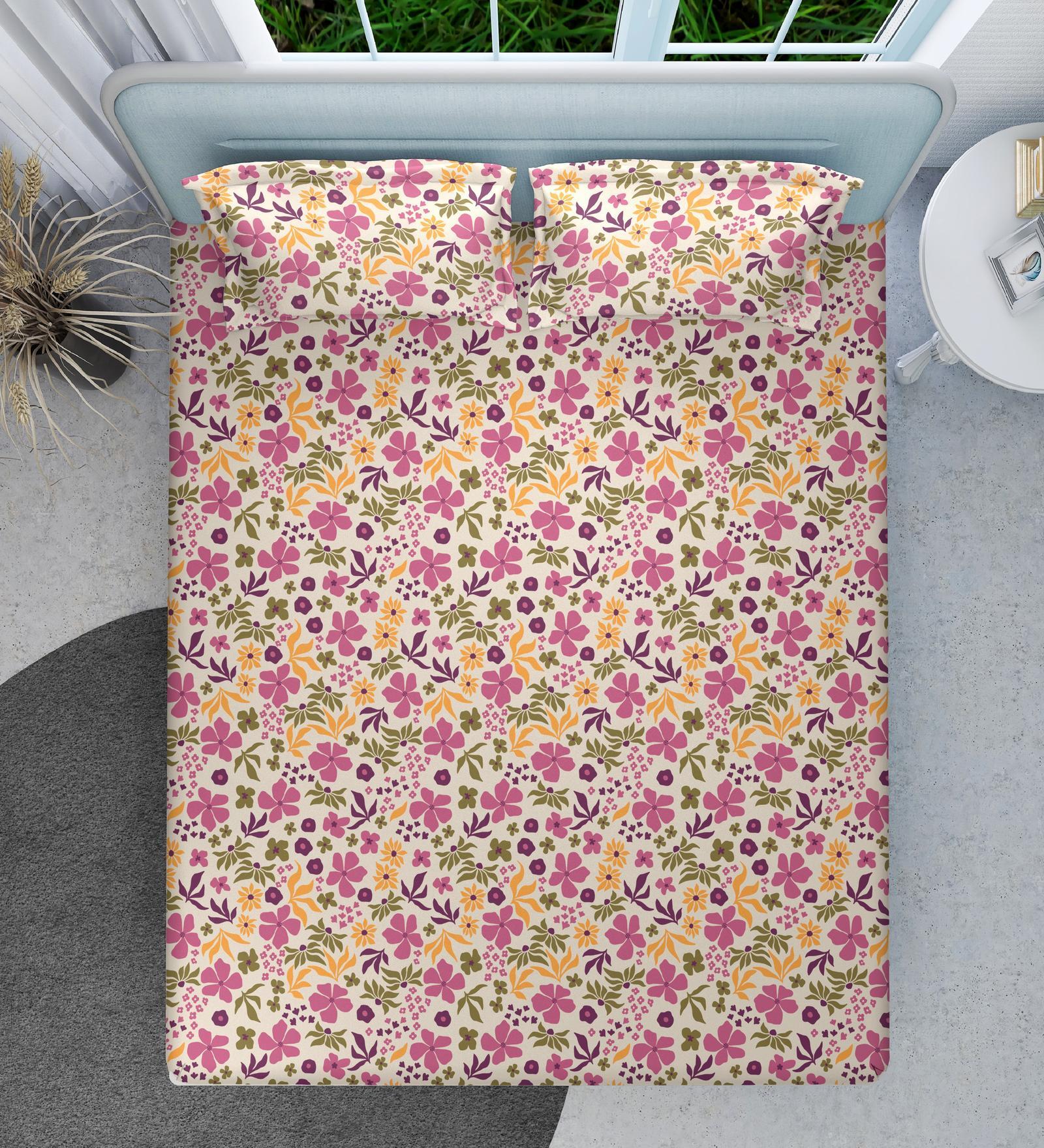 Pink Floral 144 TC Cotton King Sized Double Bedsheet with 2 Pillow Covers Blossom Breeze Collection
