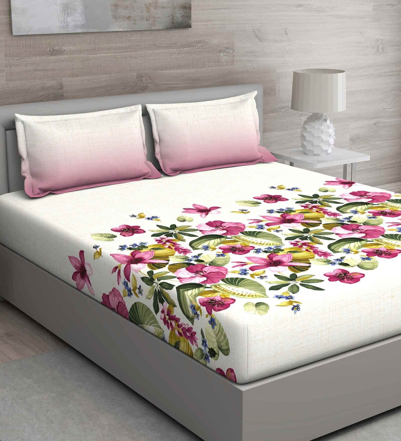 Pink Floral 144 TC Cotton Queen Sized Bed Sheets with 2 Pillow Covers
