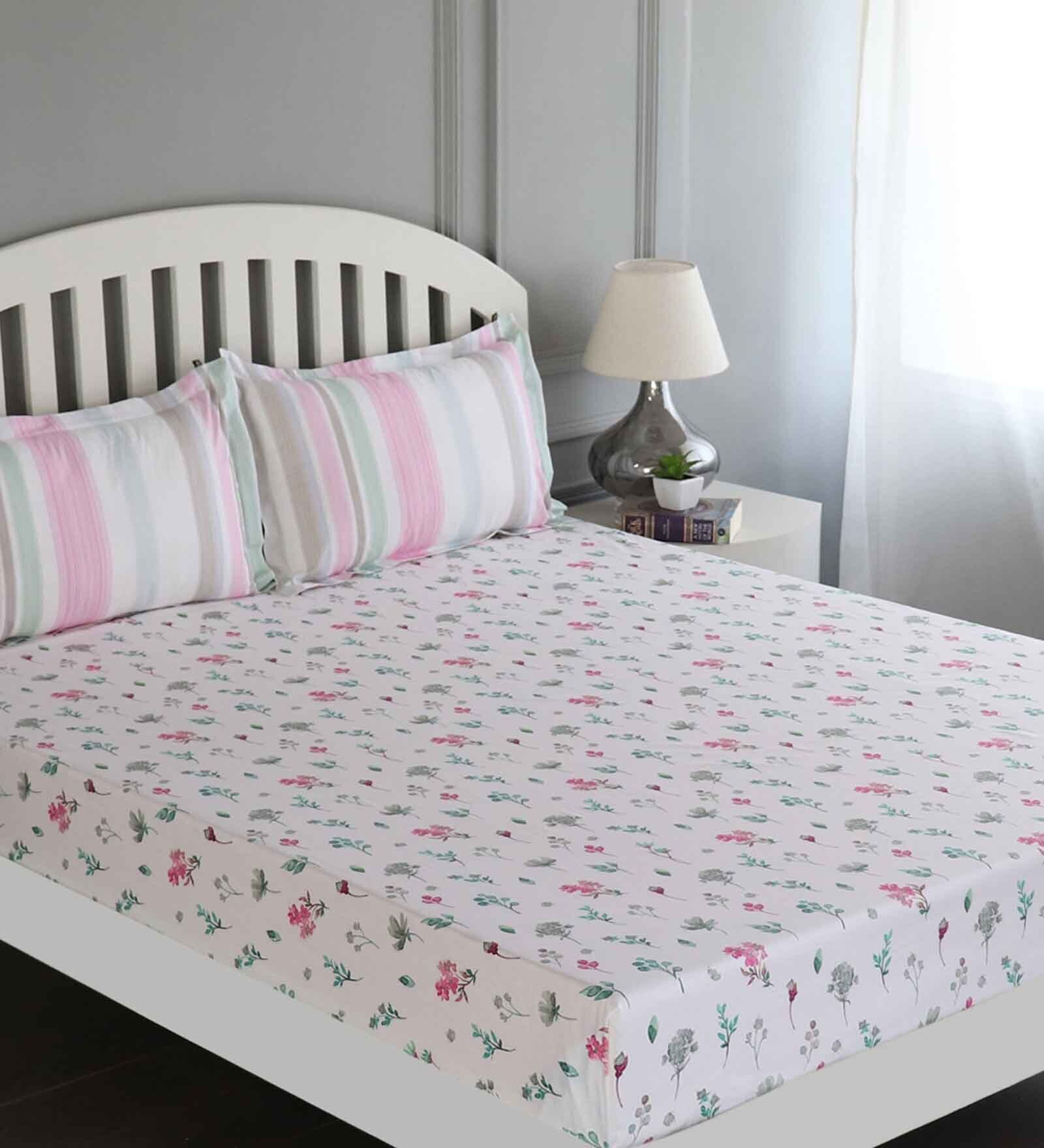 Pink Floral 150 TC Cotton Queen Sized Bed Sheets with 2 Pillow Covers